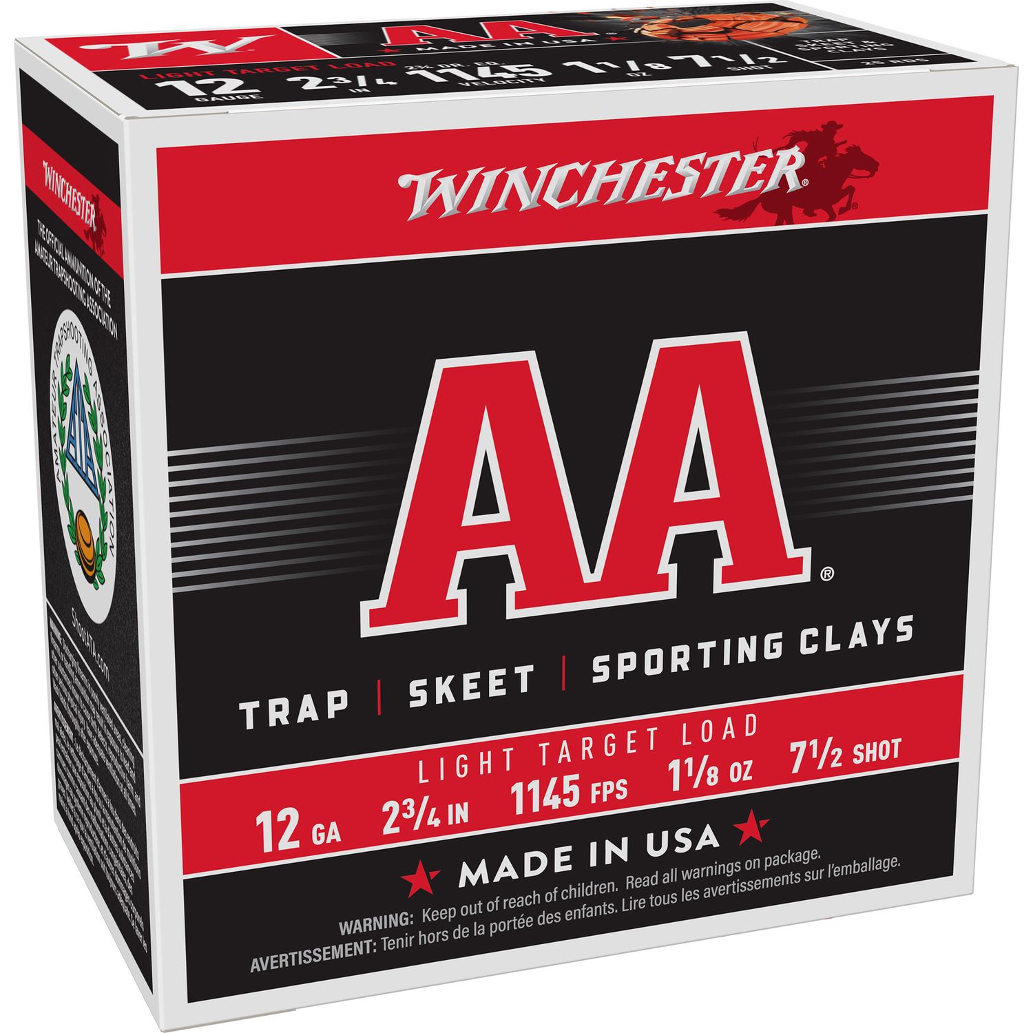 Winchester AA Light Target AA1275, 12 Gauge, 2-3/4", 1-1/8 oz, 1145 fps, #7.5 Lead Shot, 25 Rds/Bx