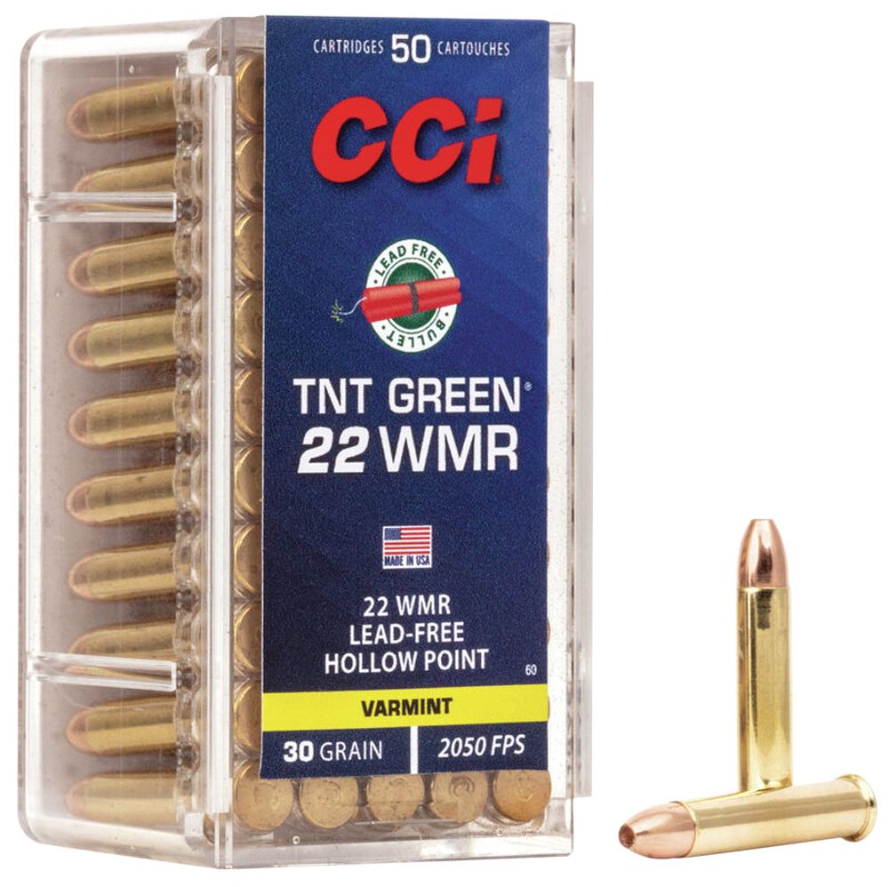 CCI TNT Green Rimfire Ammunition 0060, 22 Magnum (WMR), Hollow Point (HP), 30 GR, 2050 fps, 50 Rd/bx