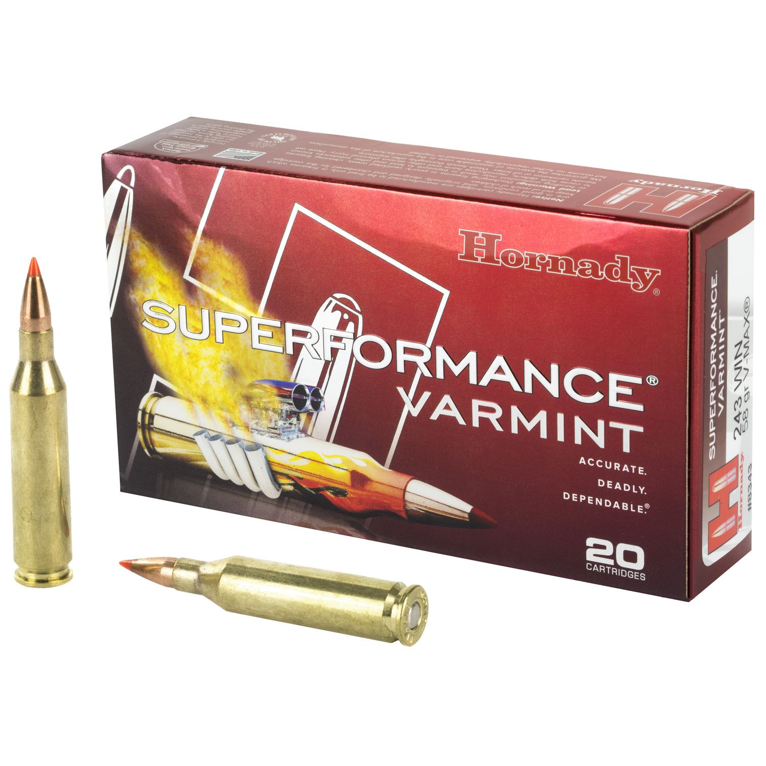 Hornady Superformance Varmint Rifle Ammunition 8343, 243 Winchester, V-Max, 58 GR, 3945 fps, 20 Rd/bx