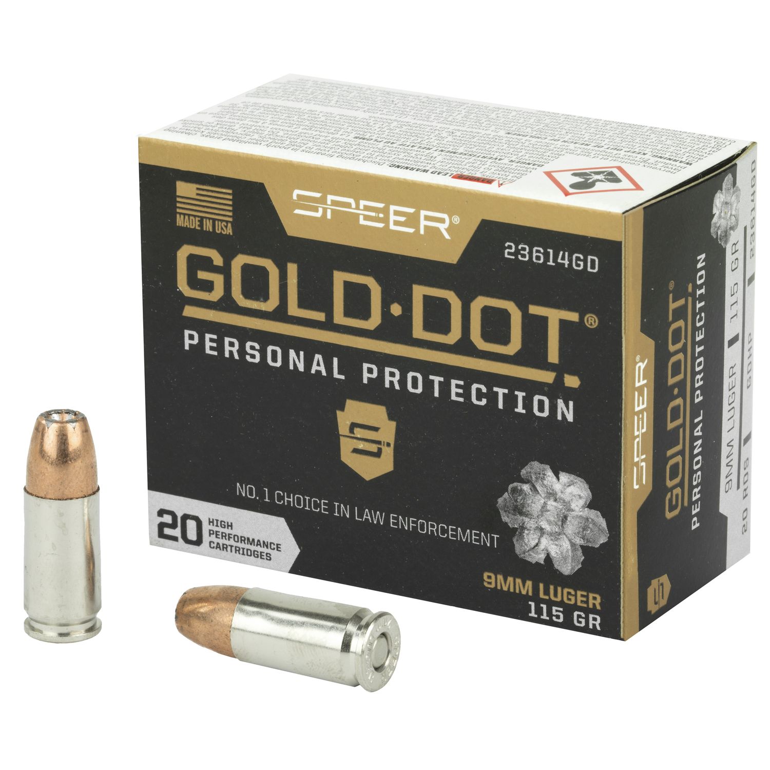 Speer Gold Dot Personal Protection Handgun Ammunition 23614GD, 9MM,  Gold Dot HP, 115 GR, 1210 fps, 20 Rd/bx