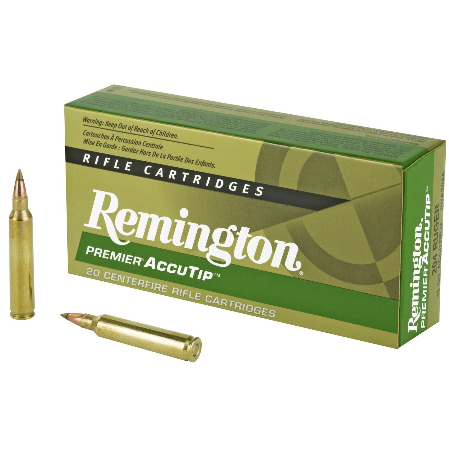 Remington Premier Accutip Rifle Ammunition PRA204A, 204 Ruger, Accutip-V, 32 GR, 4225 fps, 20 Rd/bx