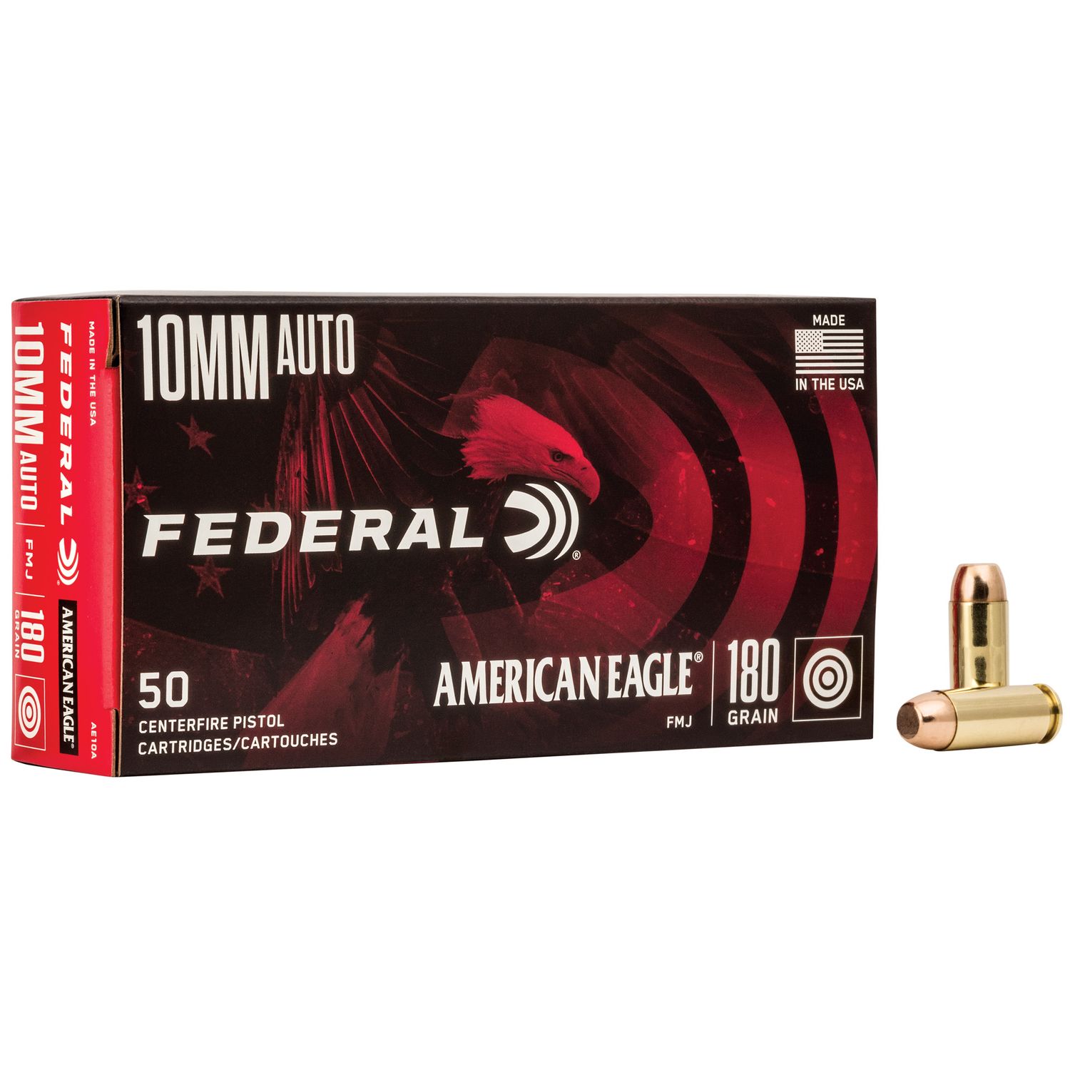 Federal American Eagle Pistol Ammunition AE10A, 10 mm, Full Metal Jacket (FMJ), 180 GR, 1030 fps, 50 Rd/bx