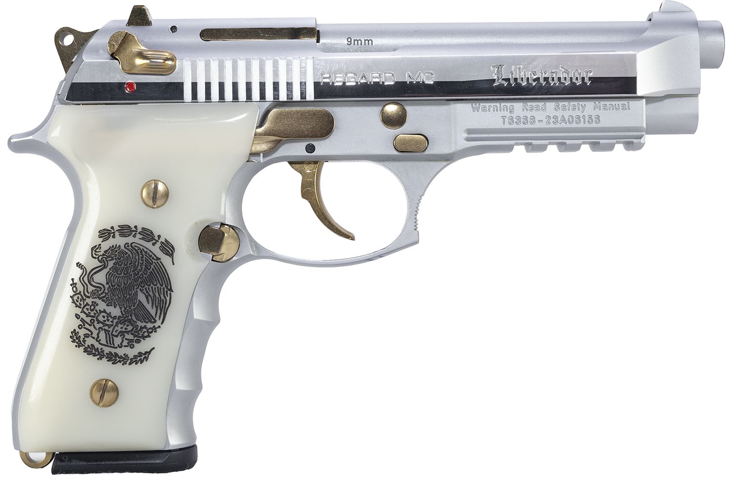 EAA Regard Liberador II Pistol 391089, 9mm Luger, 4.90in, Pearl Like w/Mexican Coat Of Arms, Chrome w/Gold Controls Finish, 18 Rds