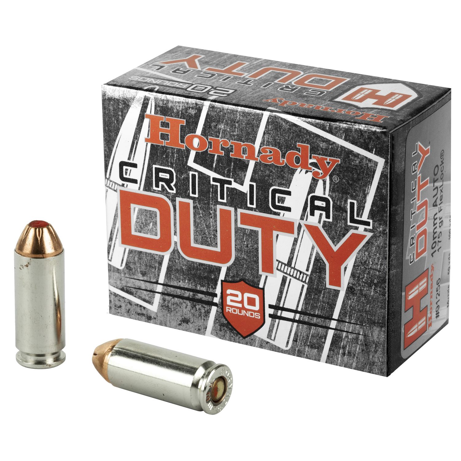 Hornady Critical Duty Pistol Ammunition 91256, 10MM, Flexlock Bullet, 175 GR, 1160 fps, 20 Rd/bx