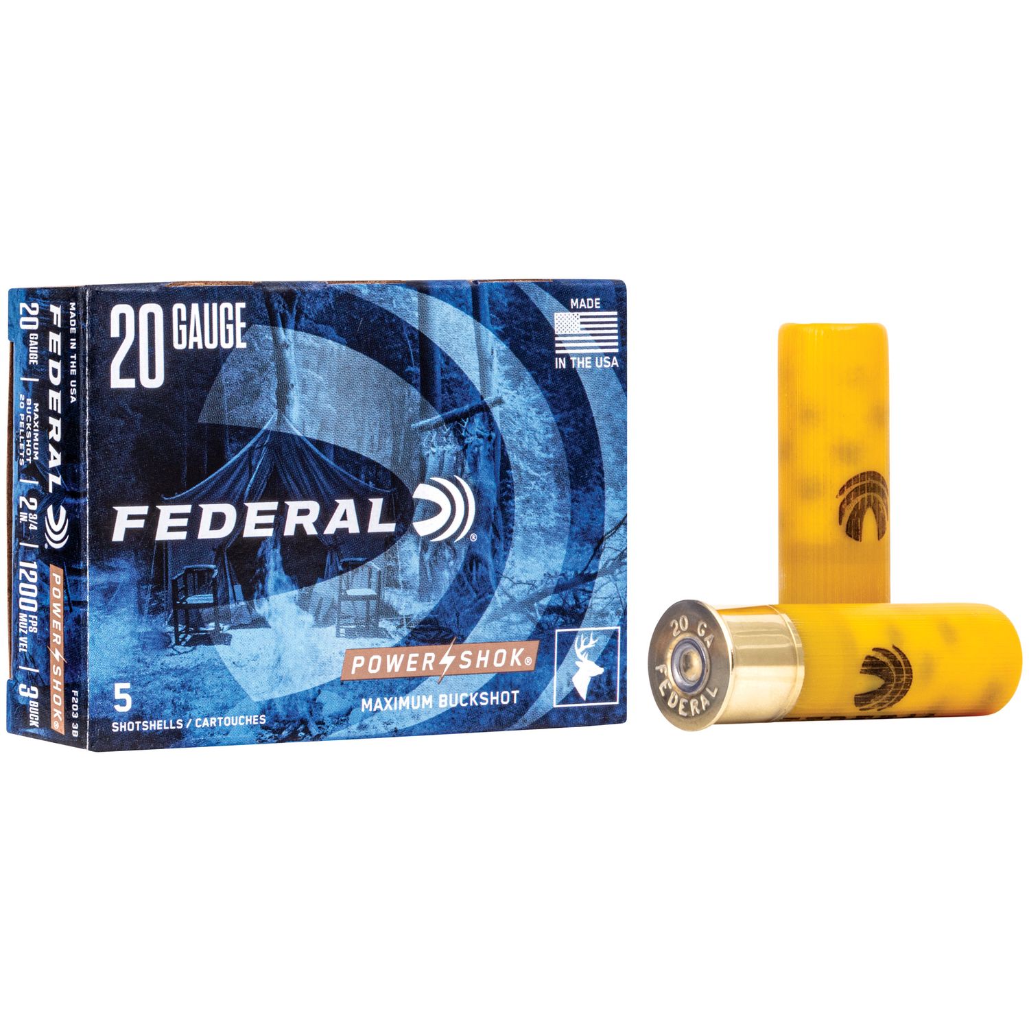 Federal Premium Power Shok F2033B, 20 Gauge, 2-3/4", 20 Pellets, 1200 fps, #3 Lead Buckshot, 5 Rd/bx