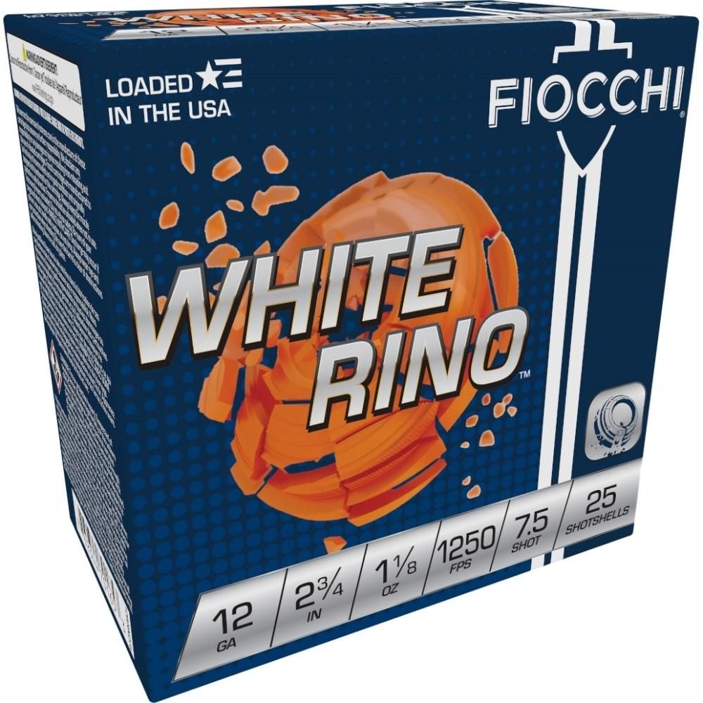 Fiocchi Premium Target White Rino Shotshells 12WRNO75, 12 Gauge, 2-3/4", 1-1/8 oz, 1250 fps, #7.5 Lead Shot, 25 Rds/Bx