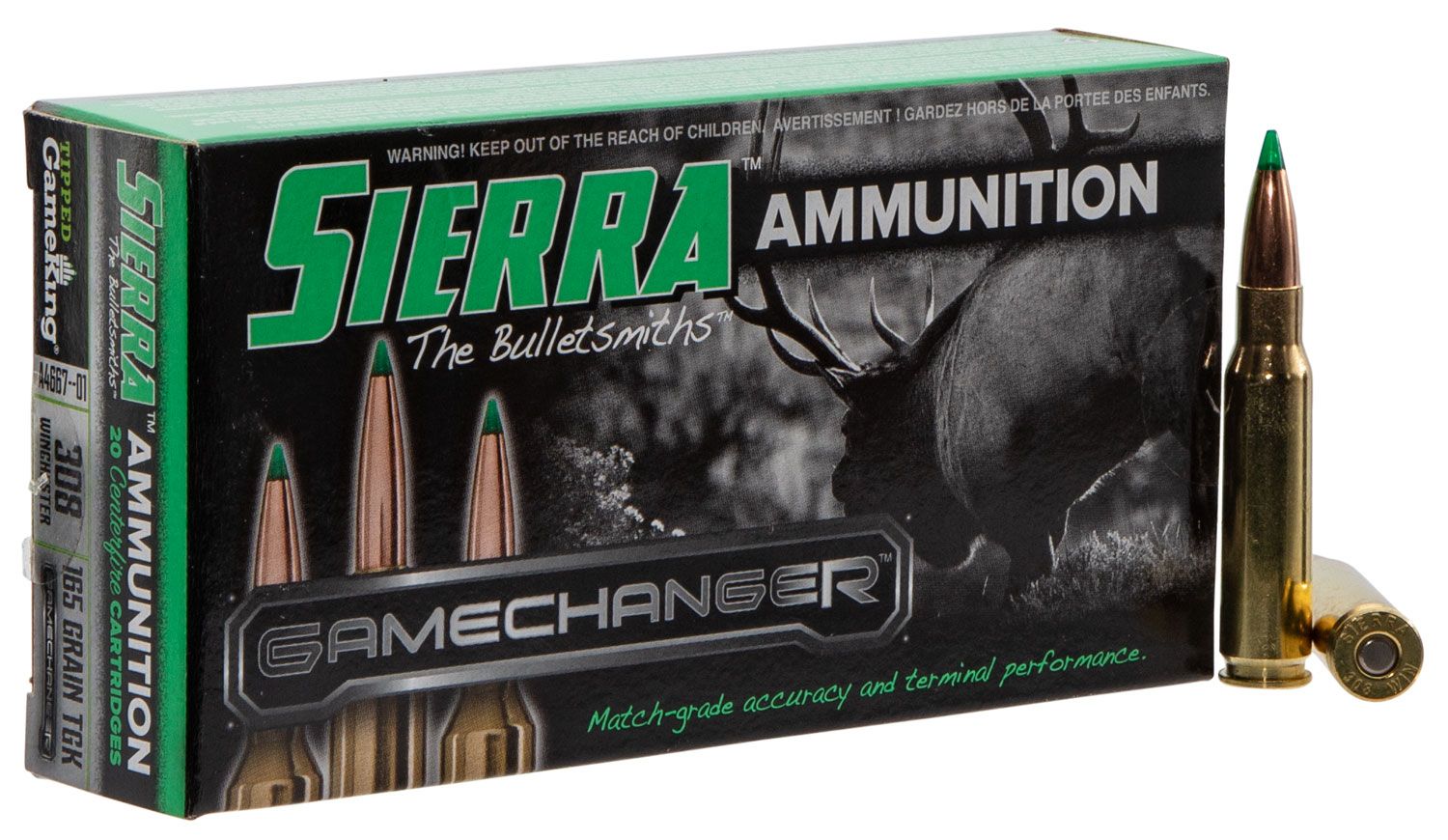 Sierra Bullets GameChanger Rifle Ammunition A466701, 308 Win, Sierra Tipped GameKing, 165 GR, 2680 fps, 20 Rd/bx