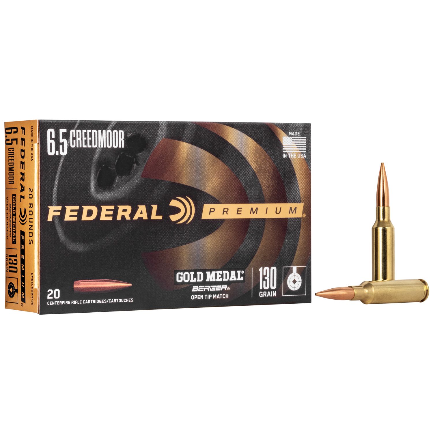 Federal Premium Gold Medal Berger Rifle Ammunition GM65CRDBH130, 6.5 Creedmoor, Open Tip Match, 130 GR, 2875 fps, 20 Rd/Bx