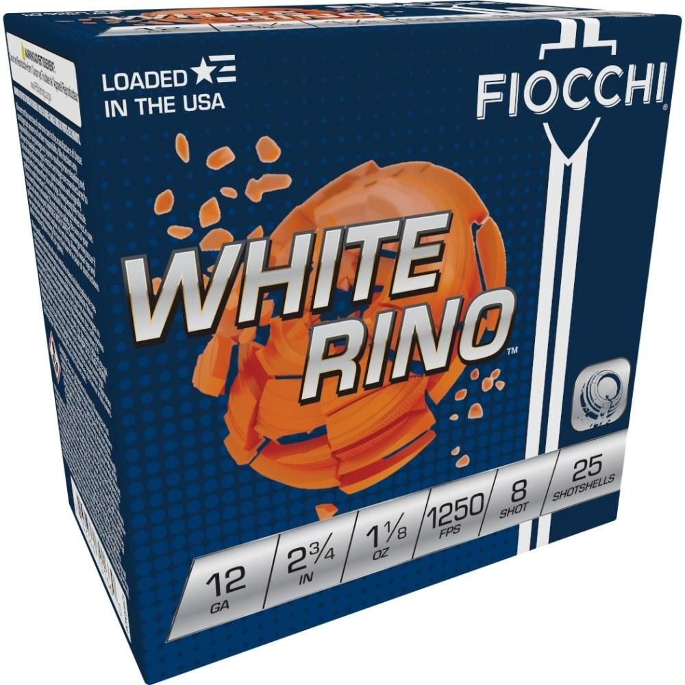 Fiocchi Premium Target White Rino Shotshells 12WRNO8, 12 Gauge, 2-3/4", 1-1/8 oz, 1250 fps, #8 Lead Shot, 25 Rds/Bx