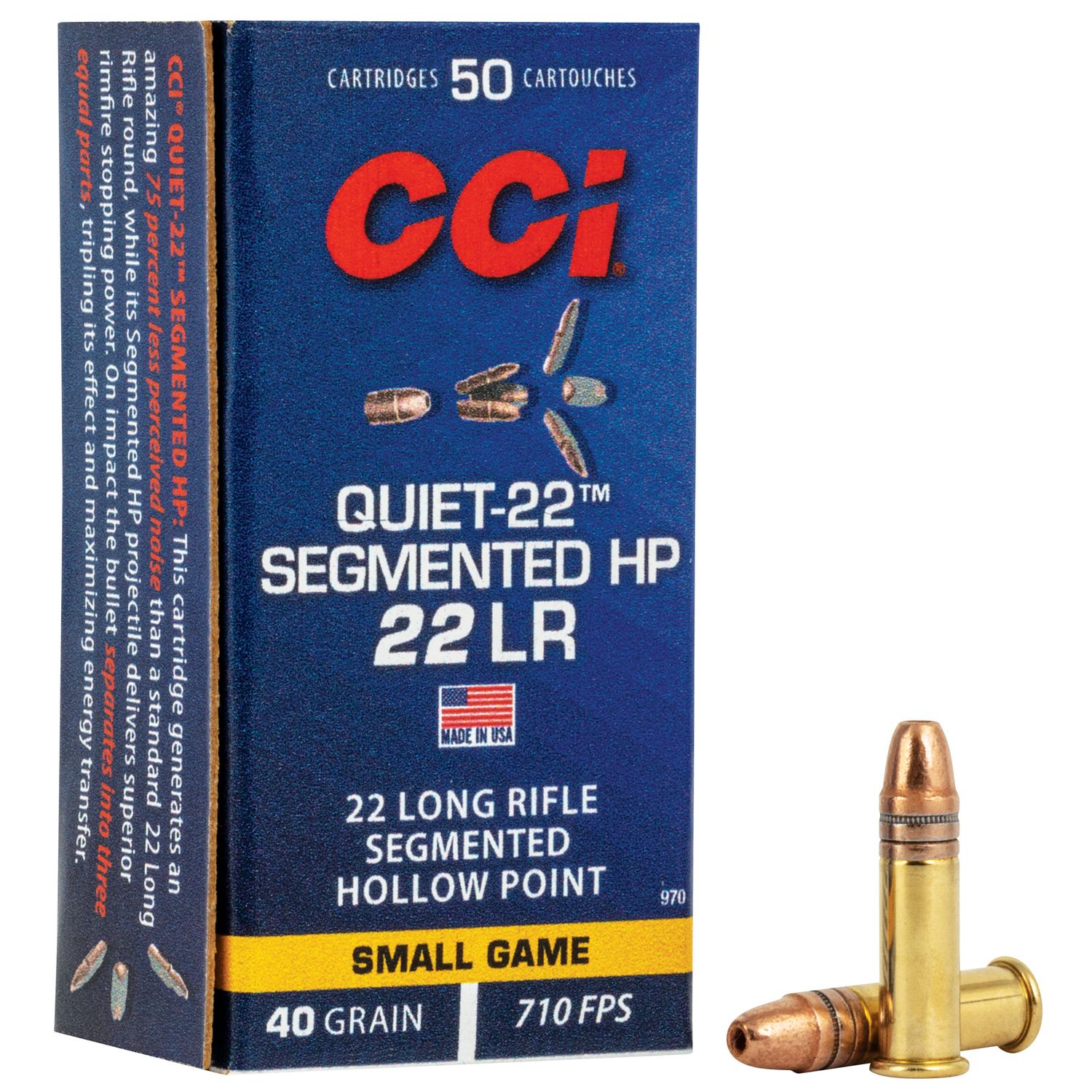 CCI Quiet SubSonic Rimfire Ammunition 970, 22 Long Rifle, Segmented Hollow Point (HP), 40 GR, 710 fps, 50 Rd/bx