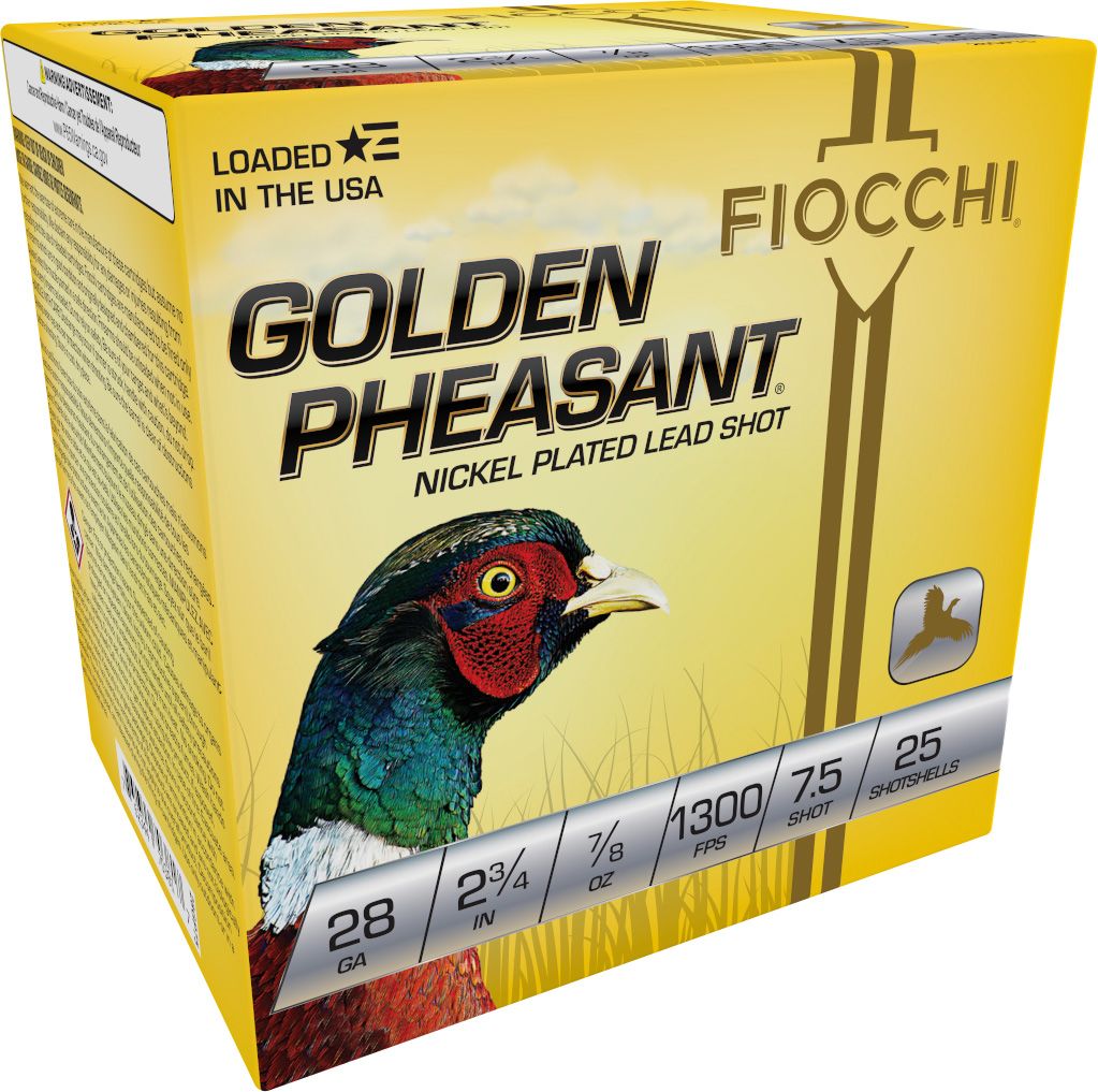 Fiocchi Golden Pheasant 28GP75, 28 Gauge, 2-3/4", 7/8 oz, 1300 fps, #7.5 Nickel-Plated Lead Shot, 25 Rds/Bx