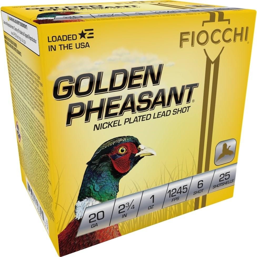 Fiocchi Golden Pheasant 20GP6, 20 Gauge, 2-3/4", 1 oz, 1245 fps, #6 Nickel-Plated Lead Shot, 25 Rds/Bx