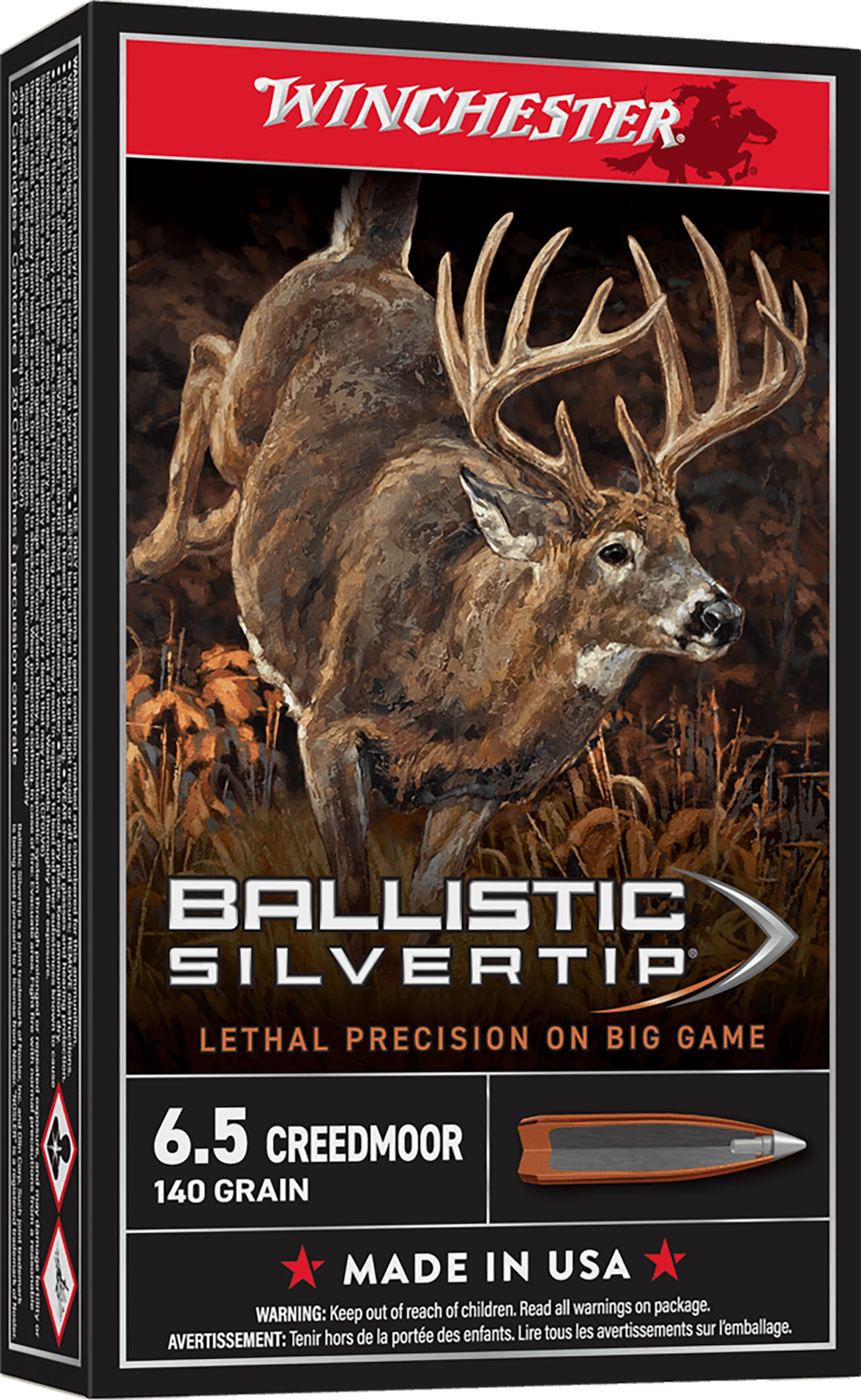 Winchester Ballistic Silvertip Rifle Ammunition SBST65CM, 6.5 Creedmoor, Ballistic Silver Tip, 140 GR, 2700 fps, 20 Rd/bx