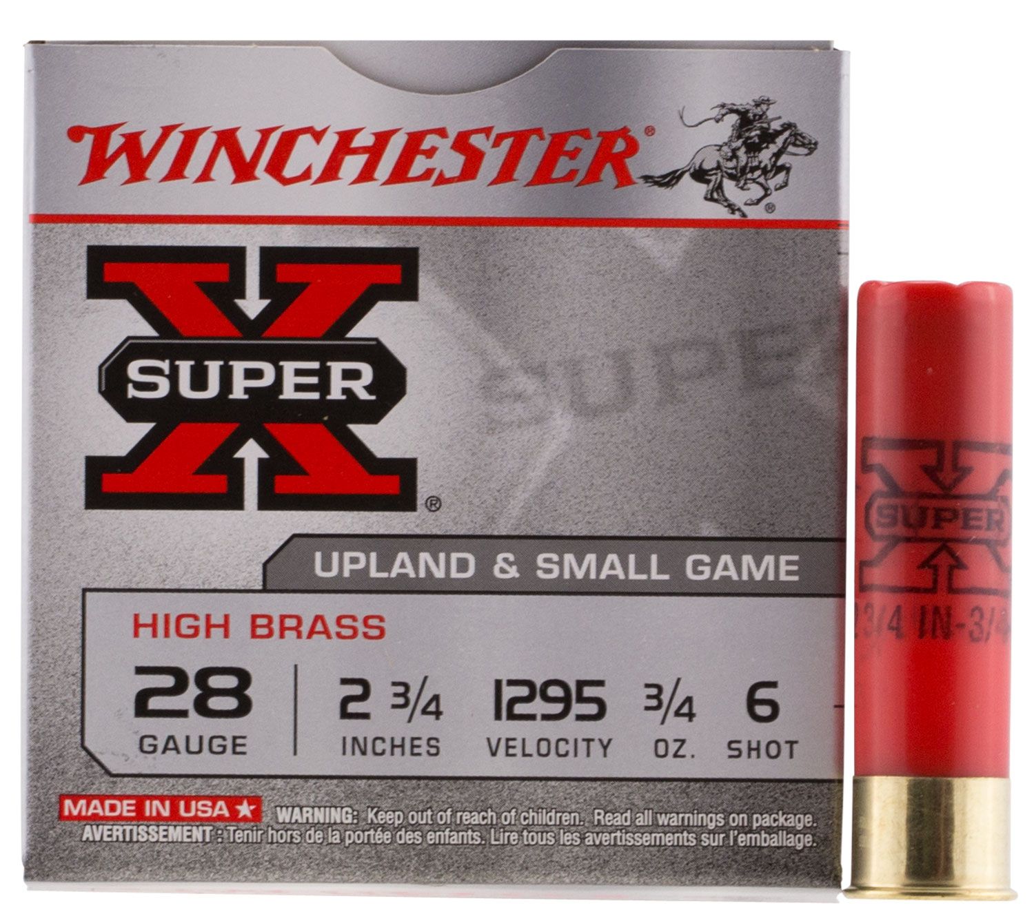 Winchester Super-X High Brass Game Shotshells X286, 28 Gauge, 2-3/4", 3/4 oz, 1295 fps, #6 Lead , 25 Rds/Bx