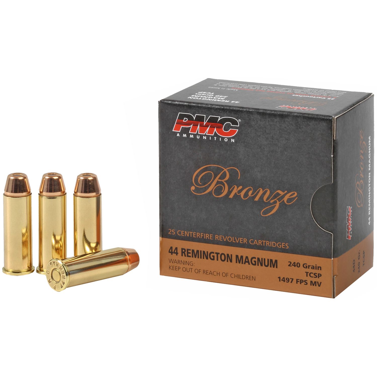 PMC Bronze Line Handgun Ammunition 44D, 44 Remington Mag, Truncated Cone Soft Point (SP), 240 GR, 1300 fps, 25 Rd/bx