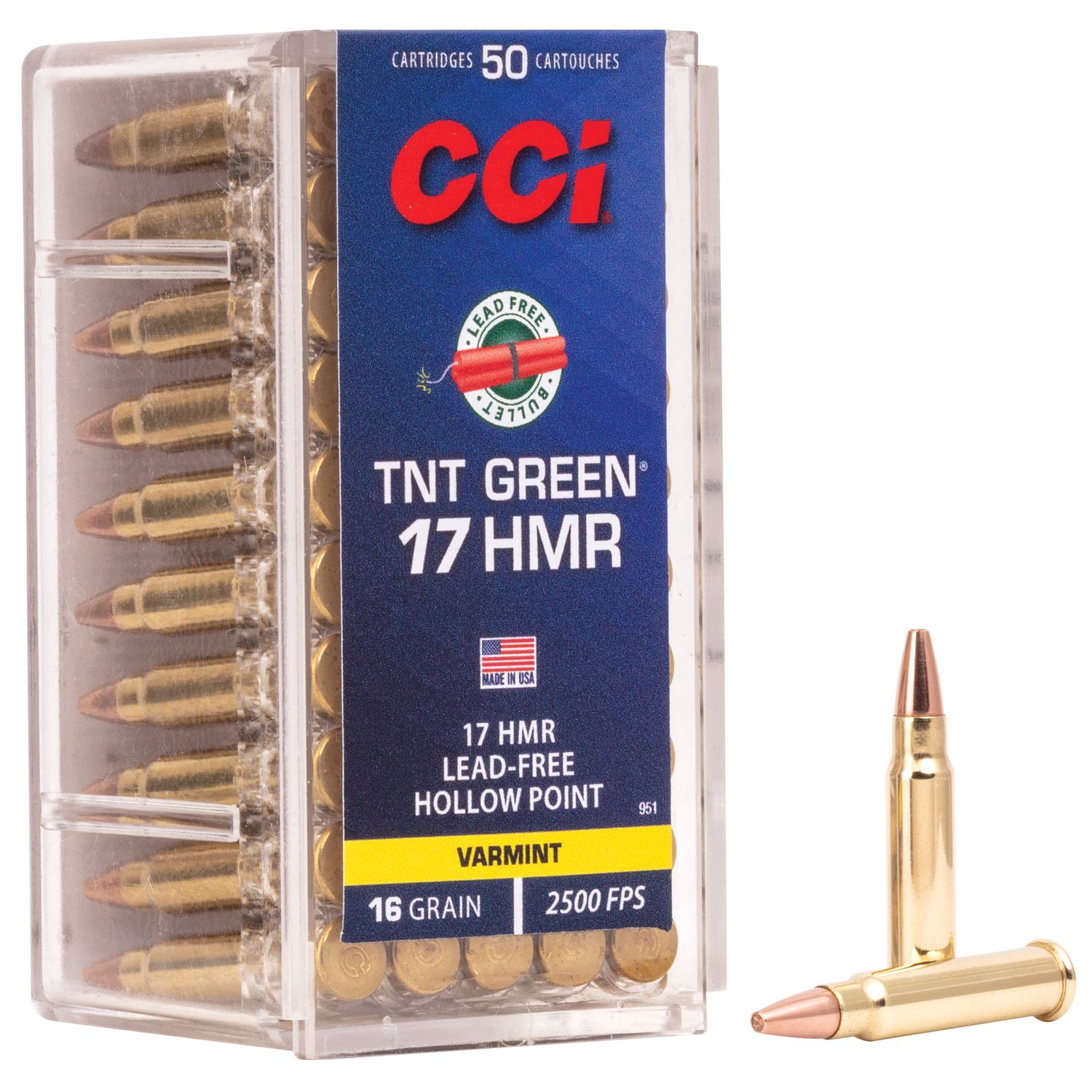 CCI TNT Rimfire Ammunition 0951, 17 Hornady Magnum Rimfire (HMR), TNT Green Hollow Point (HP), 16GR, 2500fps, 50 Rd/bx