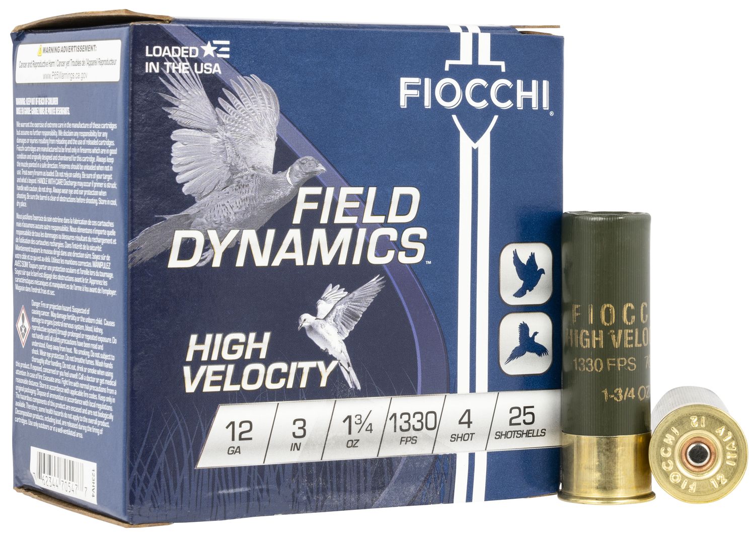 Fiocchi High Velocity Shotshells 123HV4, 12 Gauge, 3 in, 1-3/4 oz, 1330 fps, #4 Lead Shot, 25 Rds/Bx