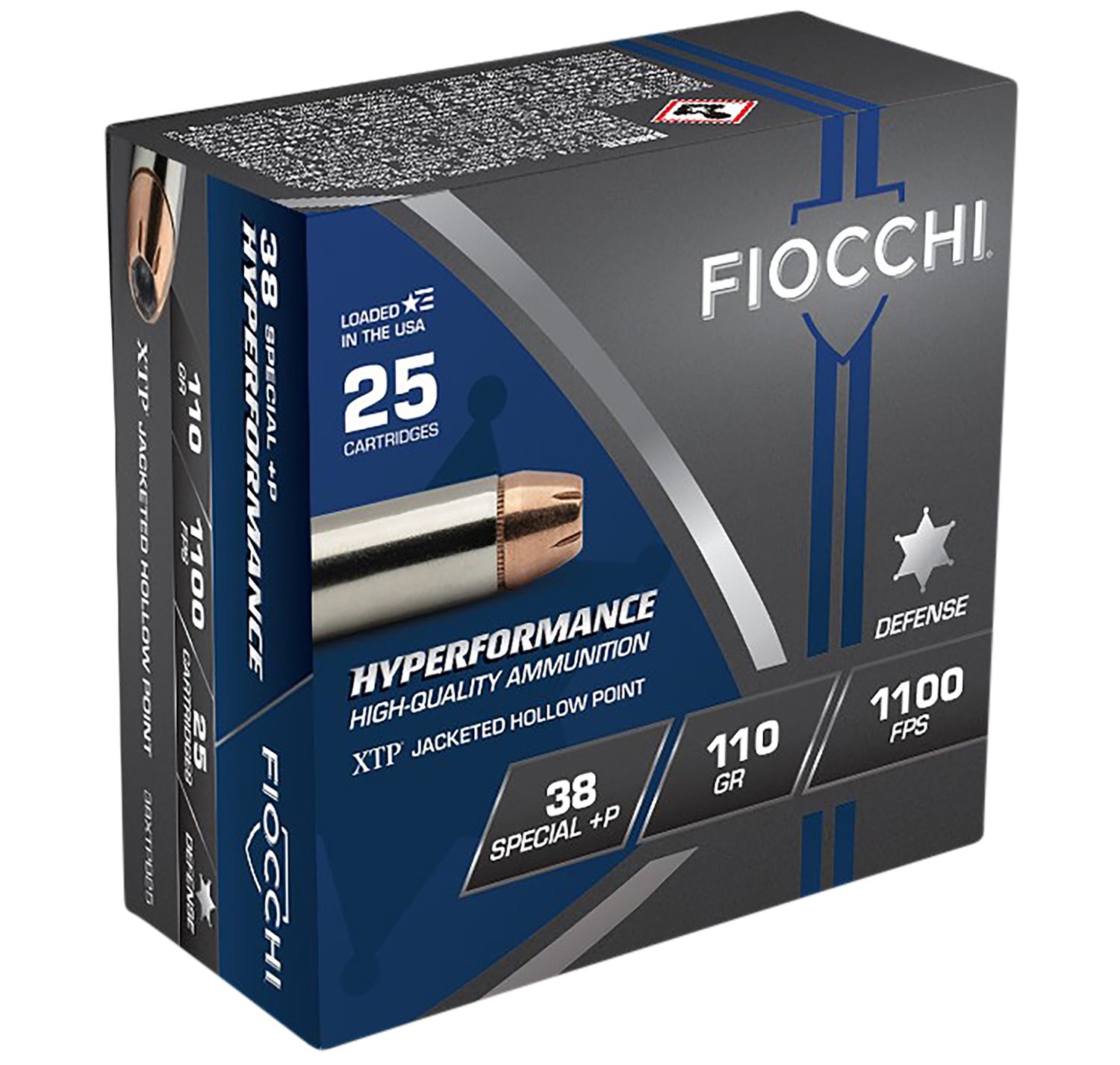 Fiocchi Extrema Handgun Ammunition 38XTPB25, 38 Special +P, XTP Jacket Hollow Point (HP), 110 GR, 1000 fps, 25 Rd/bx