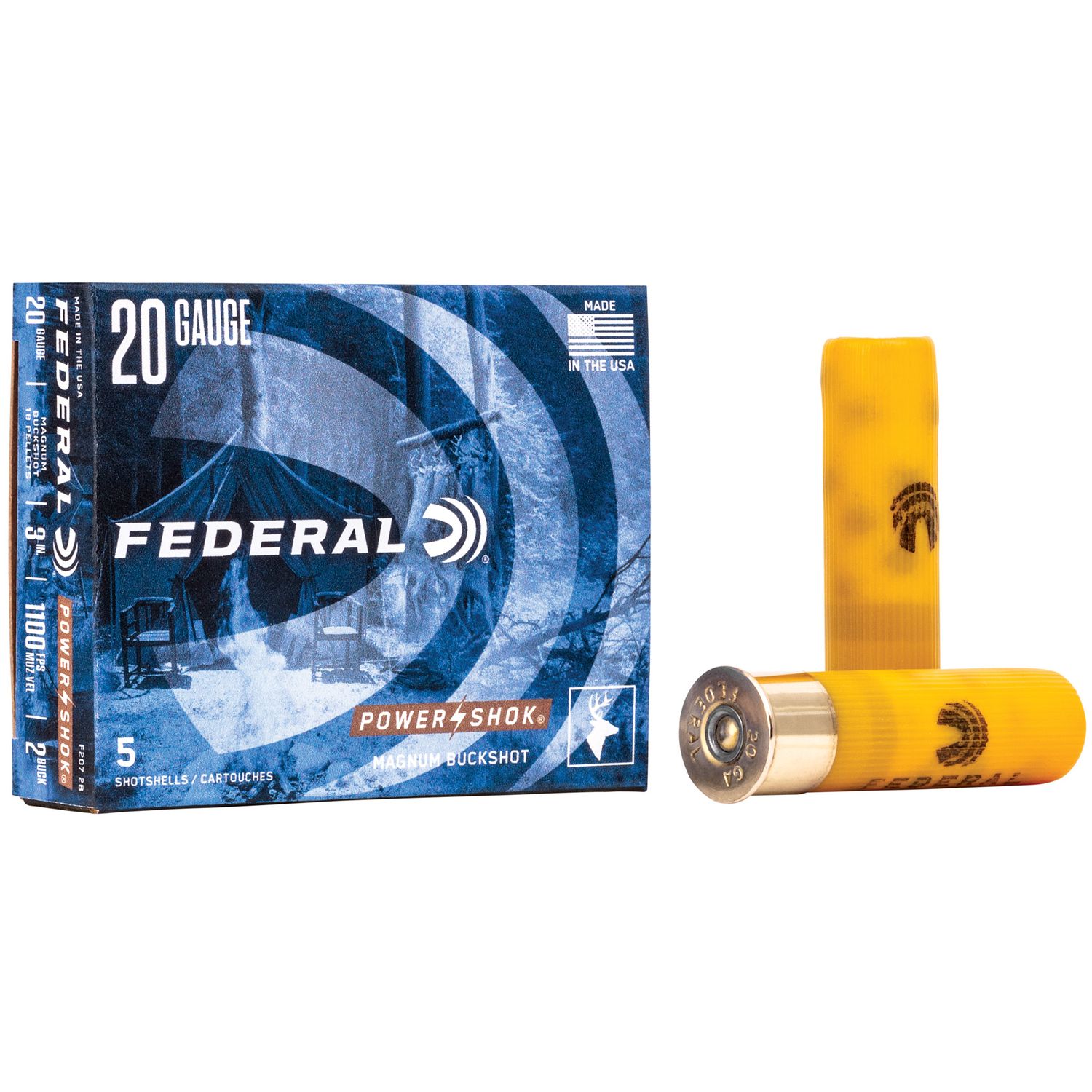 Federal Premium Power Shok F2072B, 20 Gauge, 3", 18 Pellets, 1100 fps, #2 Lead Buckshot, 5 Rd/bx