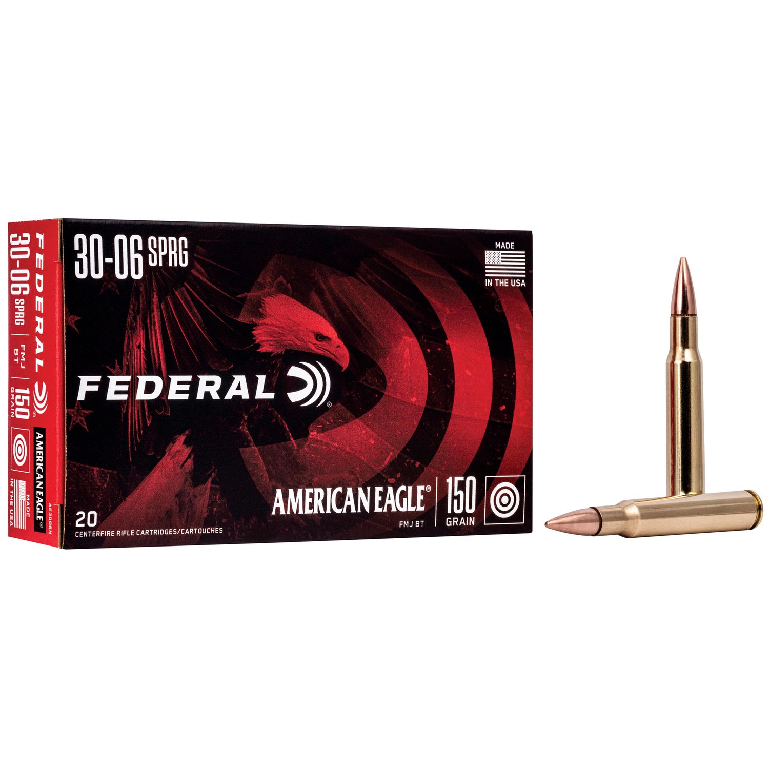 Federal American Eagle Rifle Ammunition AE3006N, 30-06 Springfield, Metal Case Boat-Tail, 150 GR, 2910 fps, 20 Rd/bx