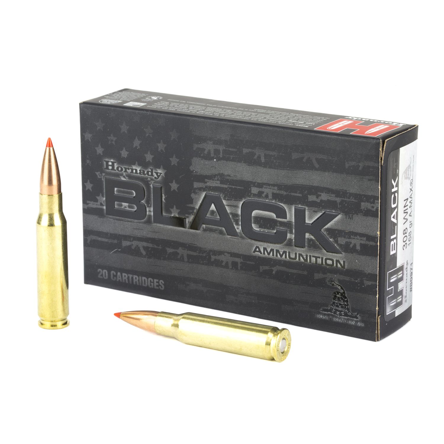 Hornady Black Rifle Ammunition 80971, 308 Winchester, A-Max, 168 GR, 2700 fps, 20 Rd/bx