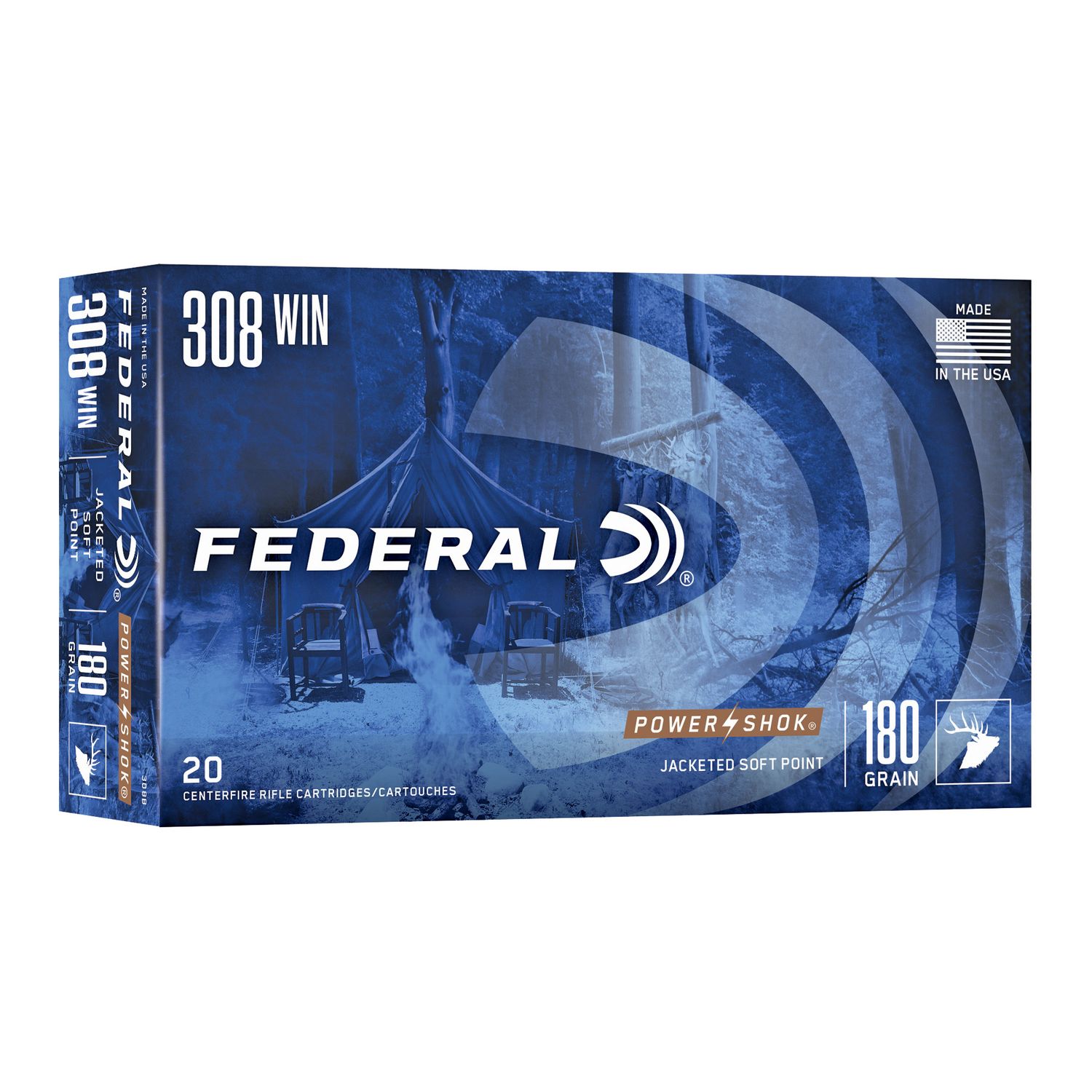 Federal Premium Power Shok Rifle Ammunition 308B, 308 Winchester, Soft Point (SP), 180 GR, 2620 fps, 20 Rd/bx