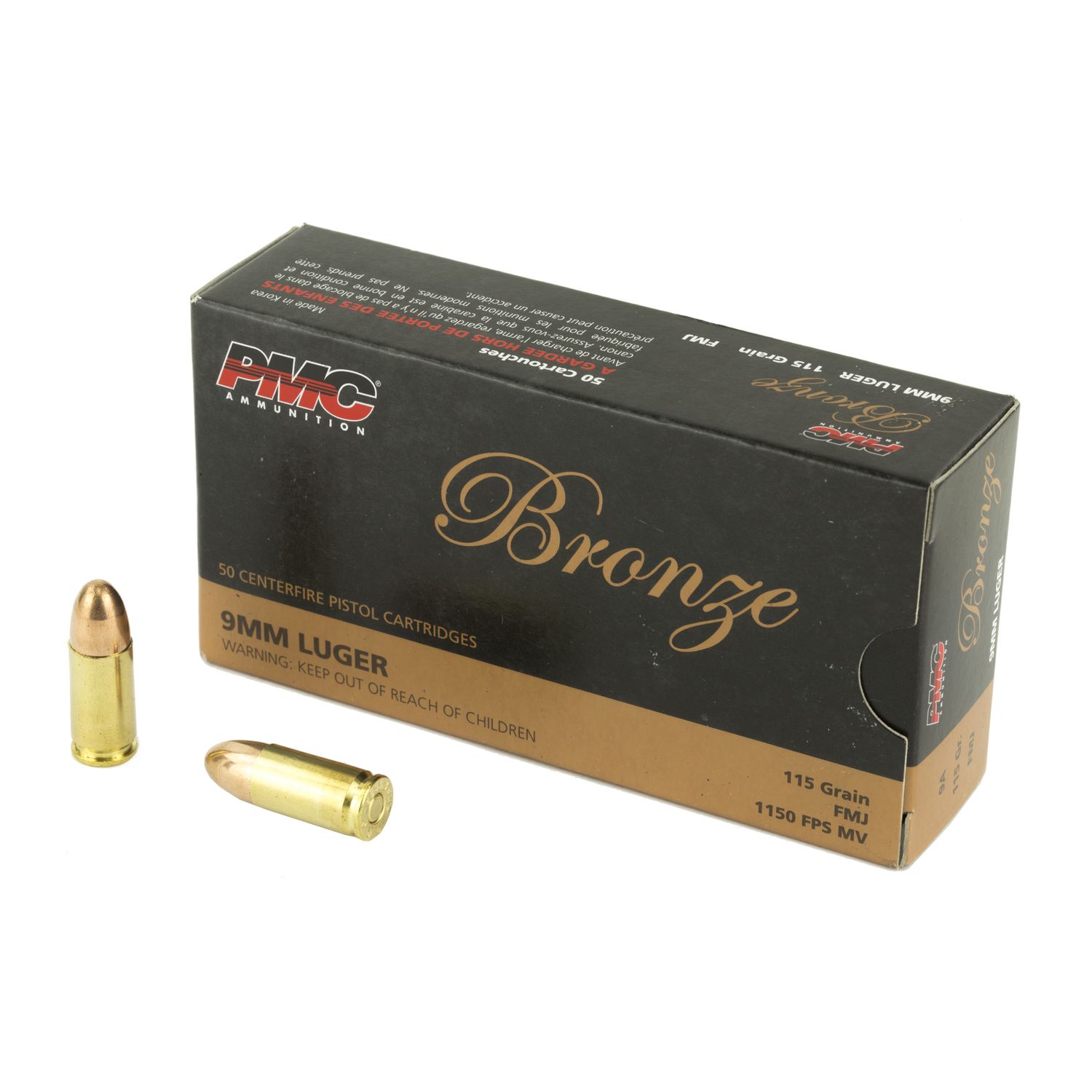 PMC Bronze Line Pistol Ammunition 9A, 9mm, Full Metal Jacket (FMJ), 115 GR, 1150 fps, 50 Rd/bx