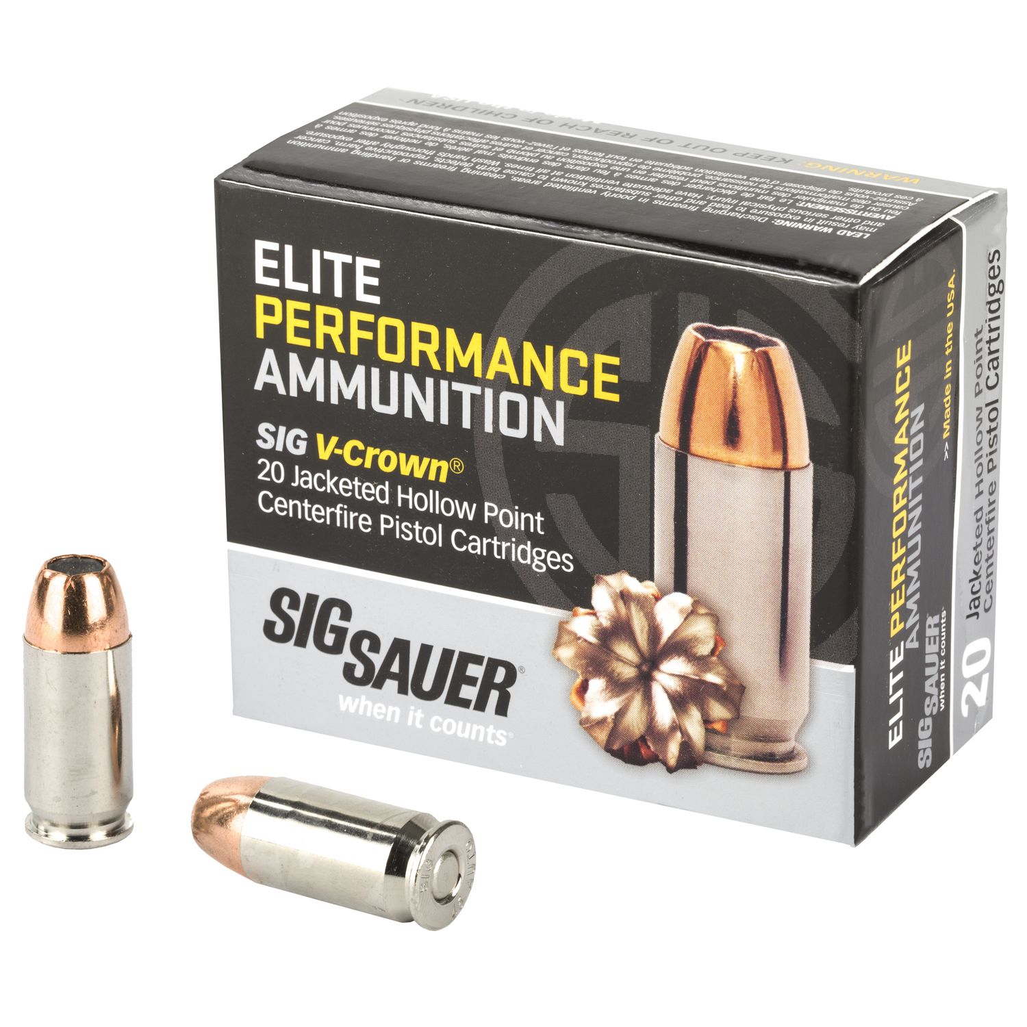 Sig Sauer Elite Performance Pistol Ammunition E45AP1, 45 ACP, JHP V-Crown, 200 GR, 918 fps, 20 Rd/bx