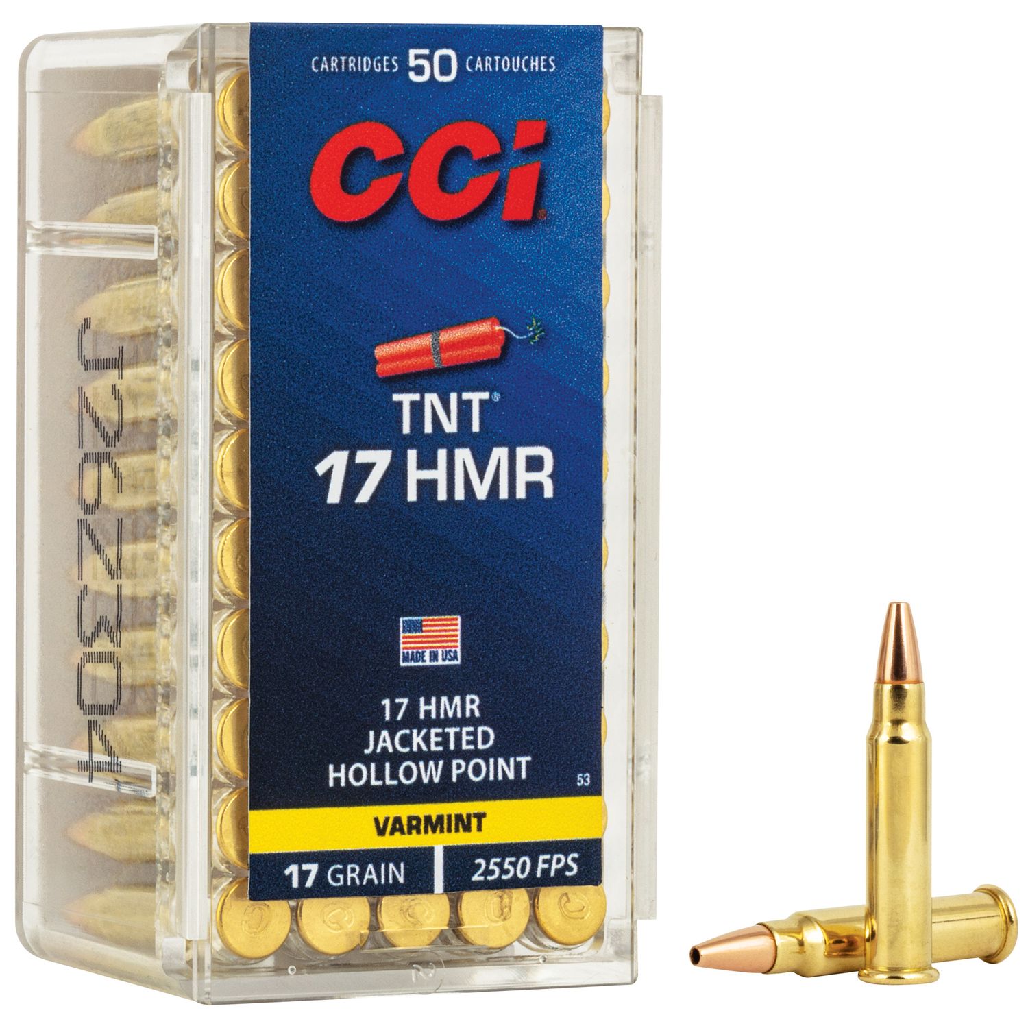 CCI HMR TNT Varmint Rimfire Ammunition 0053, 17 HMR, Jacketed Hollow Point (JHP), 17 GR, 2550 fps, 50 Rd/bx