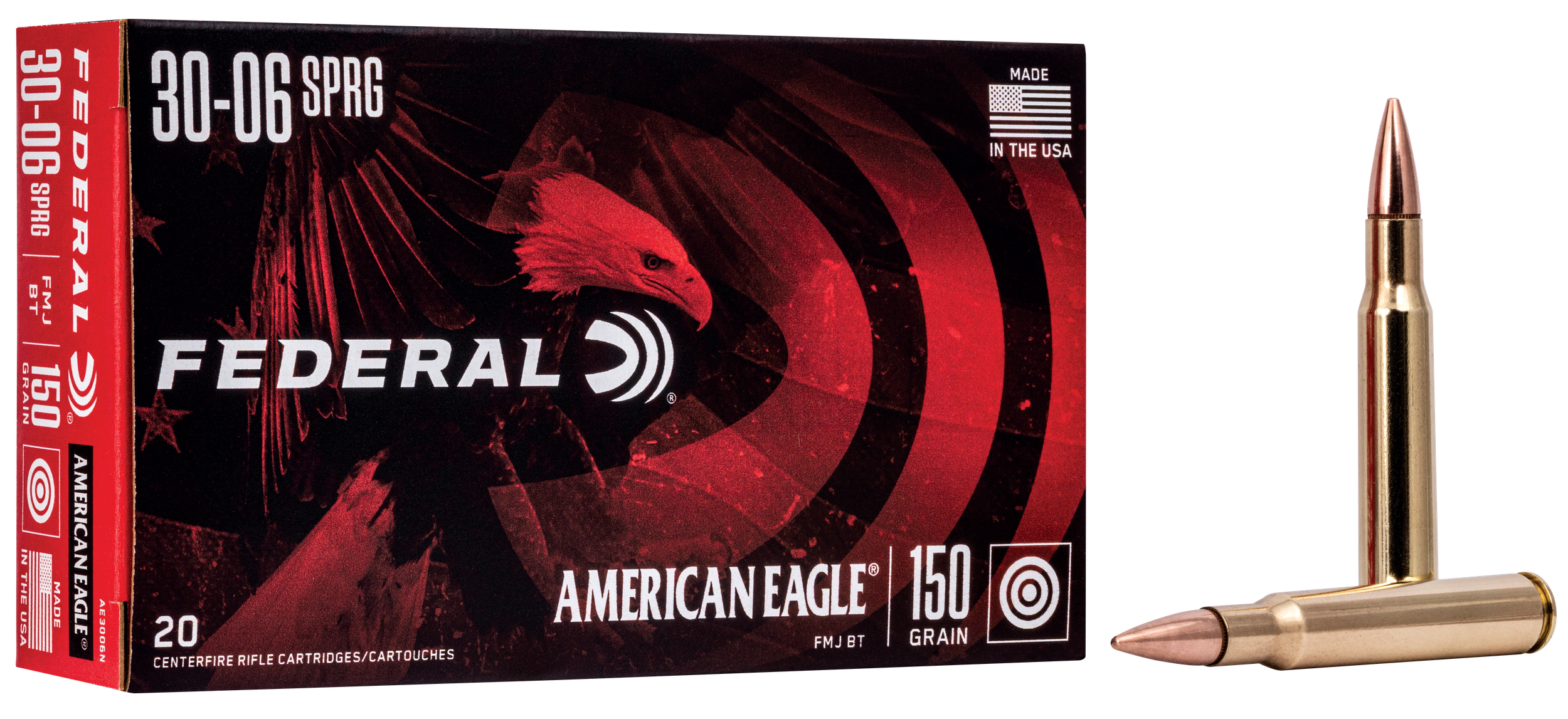 Federal American Eagle Rifle Ammunition AE3006N, 30-06 Springfield, Metal Case Boat-Tail, 150 GR, 2910 fps, 20 Rd/bx