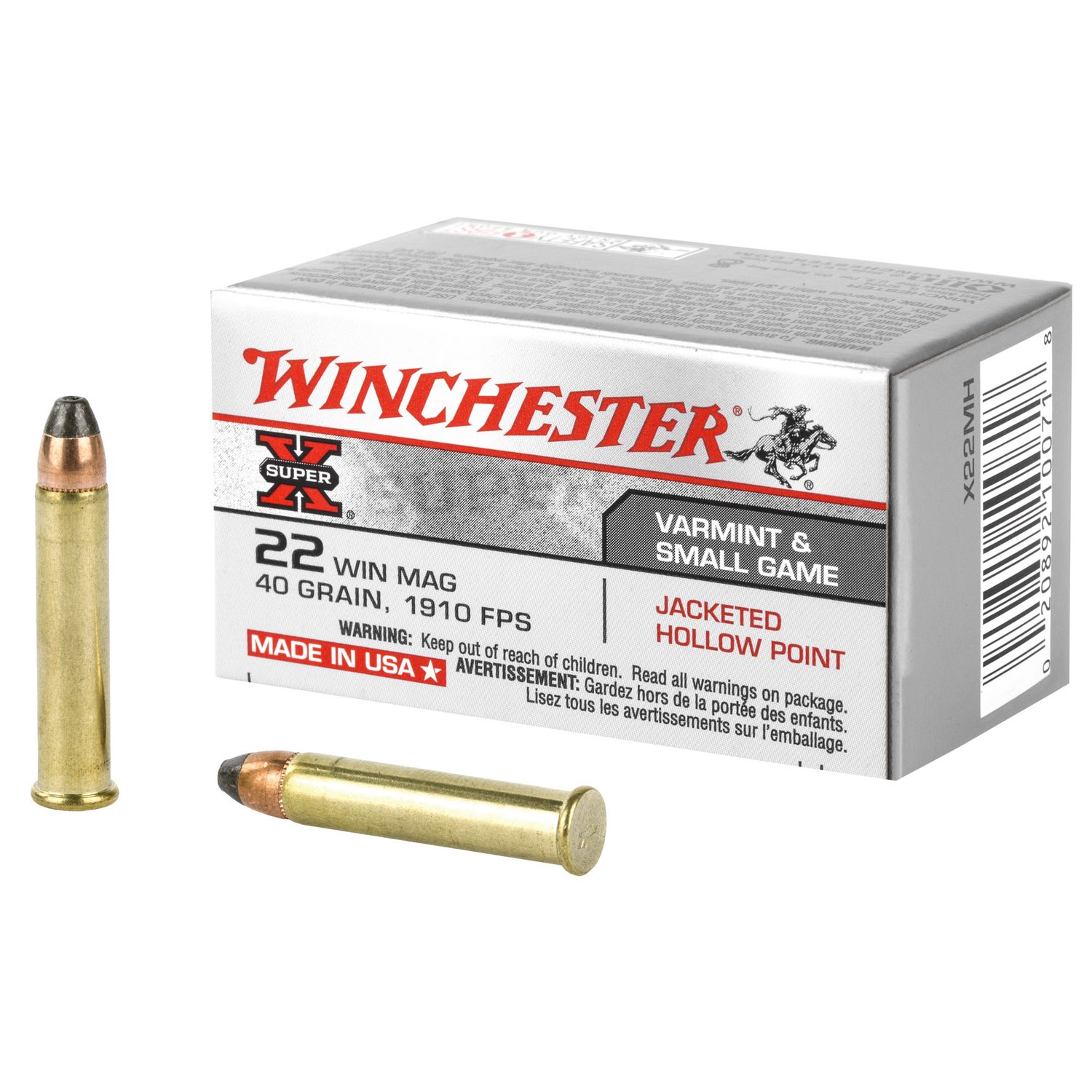 Winchester Super-X Rimfire Ammunition X22MH, 22 Magnum (WMR), Jacketed Hollow Point (JHP), 40 GR, 1910 fps, 50 Rd/Bx