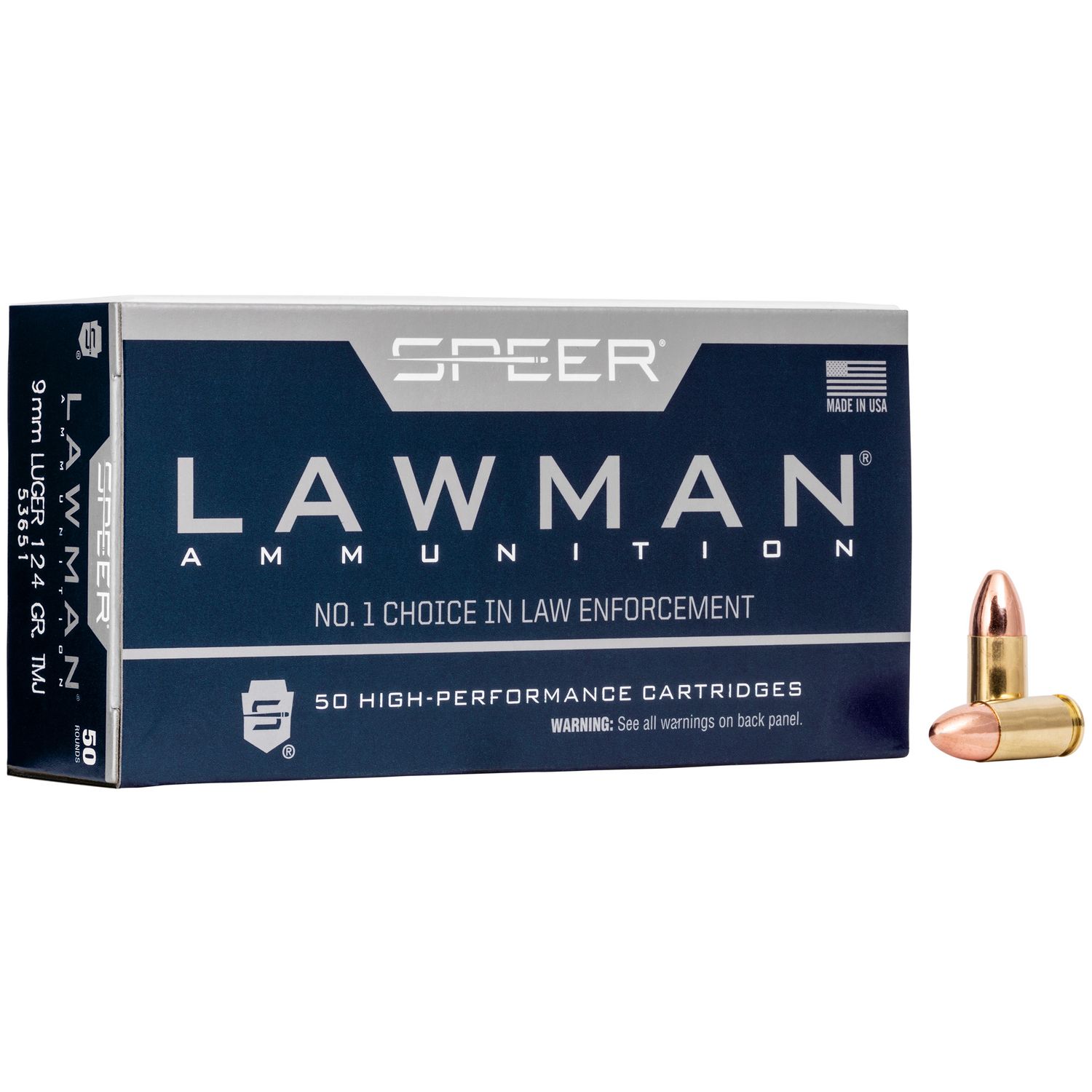 Speer Lawman Handgun Ammunition 53651, 9mm, Total Metal Jacket (TMJ), 124 GR, 50 Rd/bx