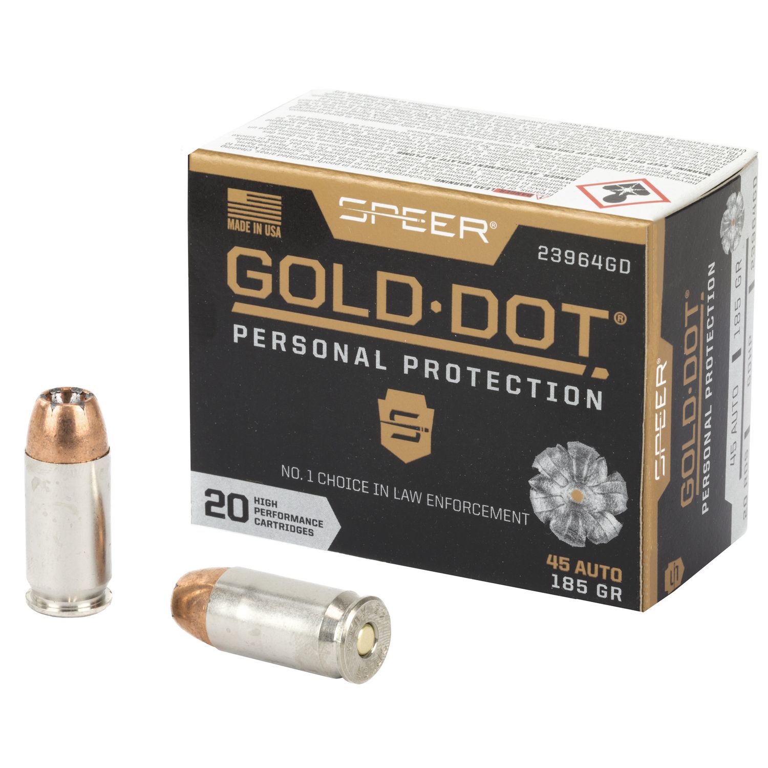 Speer Gold Dot Personal Protection Handgun Ammunition 23964GD, 45 ACP, Gold Dot HP, 185 GR, 1050 fps, 20 Rd/bx