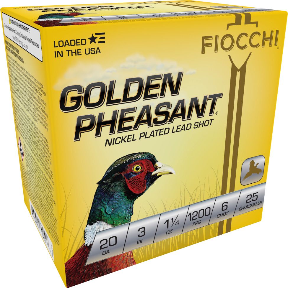 Fiocchi Golden Pheasant 203GP6, 20 Gauge, 3", 1-1/4 oz, 1200 fps, #6 Nickel-Plated Lead Shot, 25 Rds/Bx