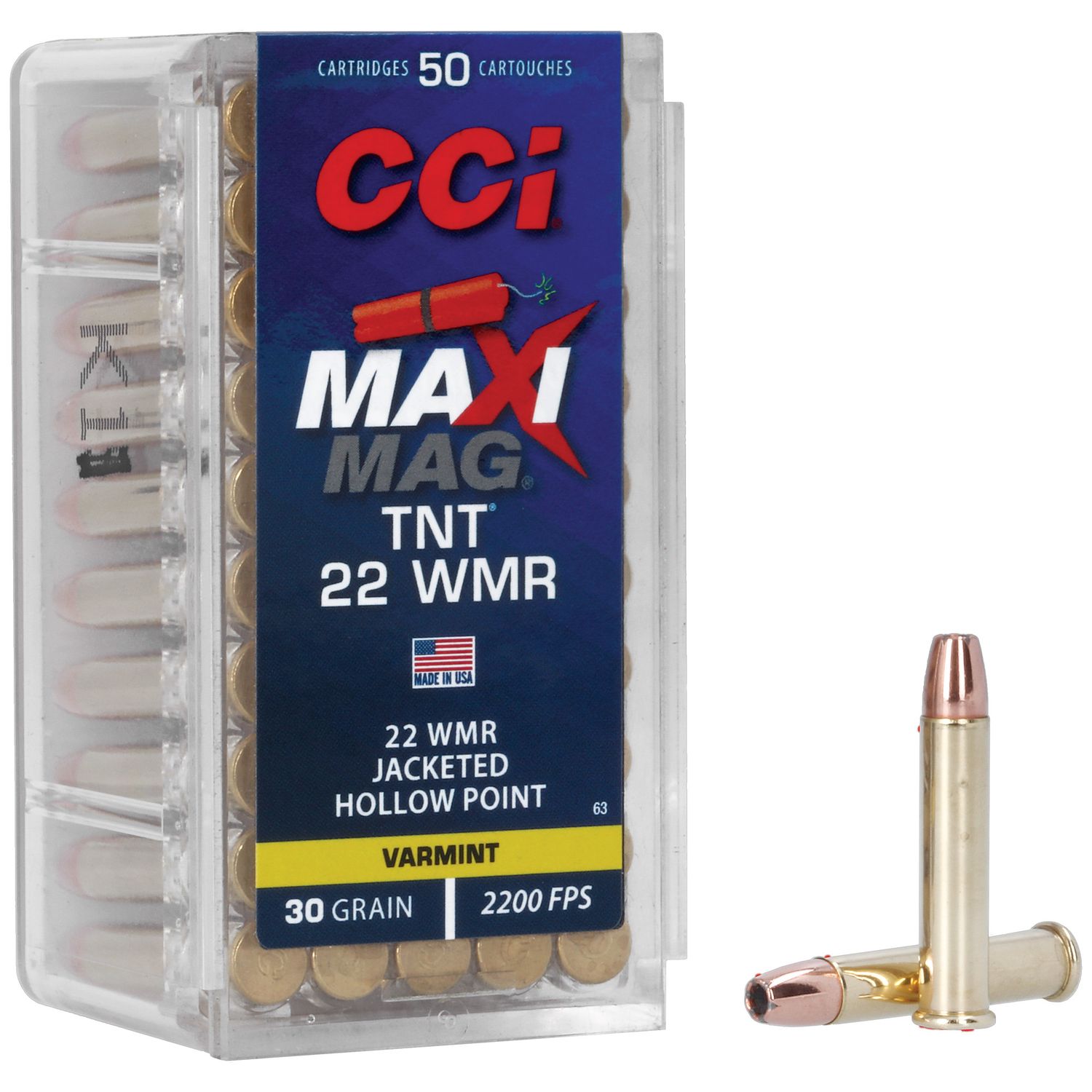 CCI Maxi-Mag TNT Varmint Rimfire Ammunition 0063, 22 Magnum (WMR), Jacketed Hollow Point (JHP), 30 GR, 2200 fps, 50 Rd/bx