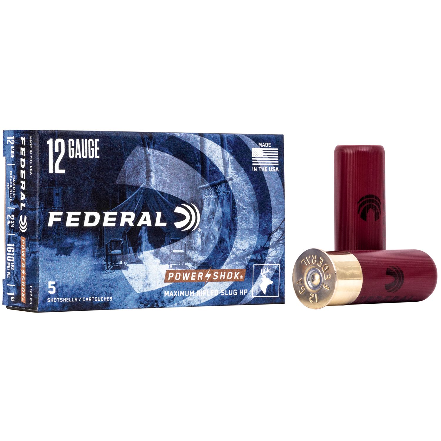 Federal Premium Power Shok F127RS, 12 Gauge, 2-3/4", 1 oz, 1610 fps, Lead Rifle Slug, 5 Rd/bx