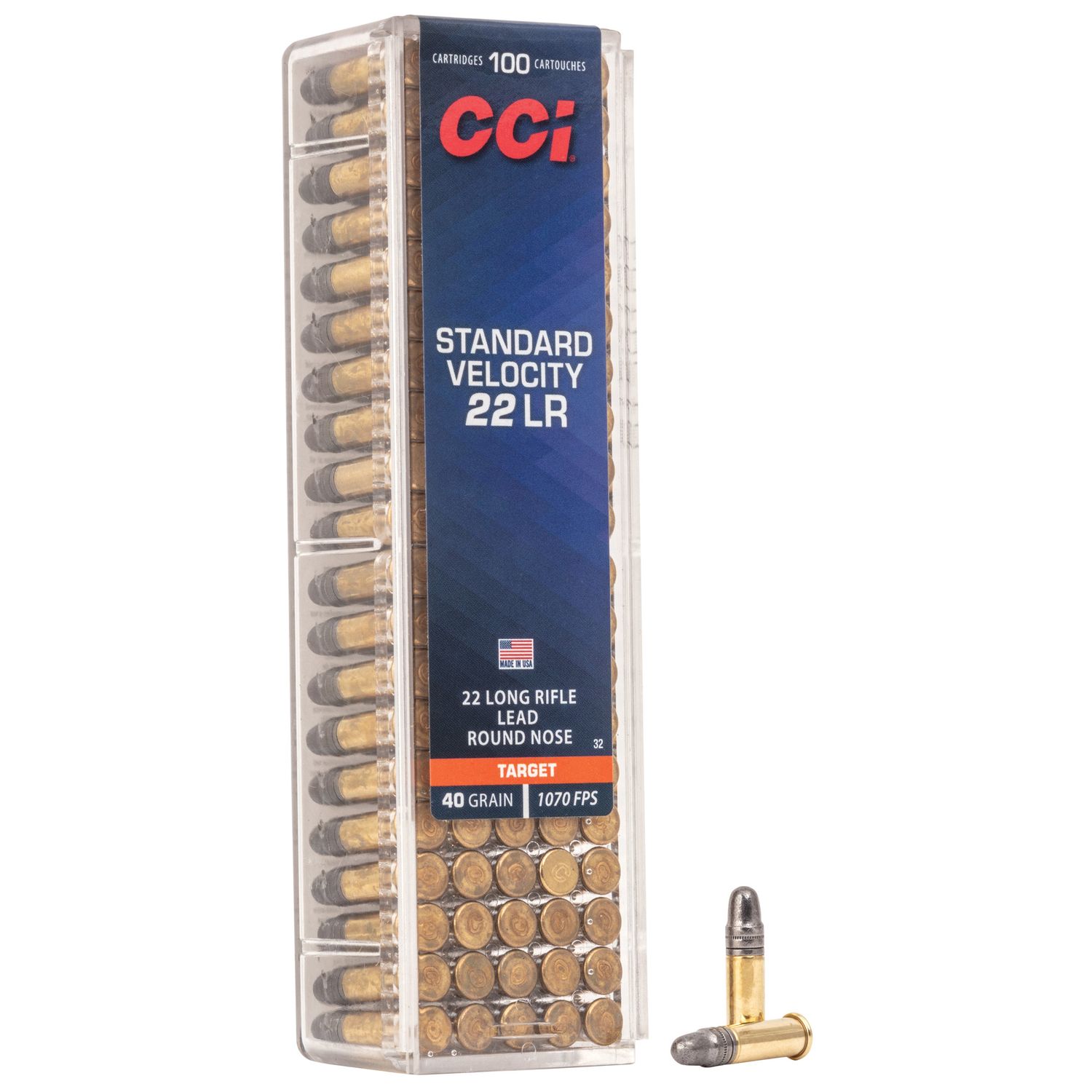 CCI Standard Velocity Target/Plinking Rimfire Ammunition 0032, 22 Long Rifle, Round Nose (RN), 40 GR, 1070 fps, 100 Rd/bx