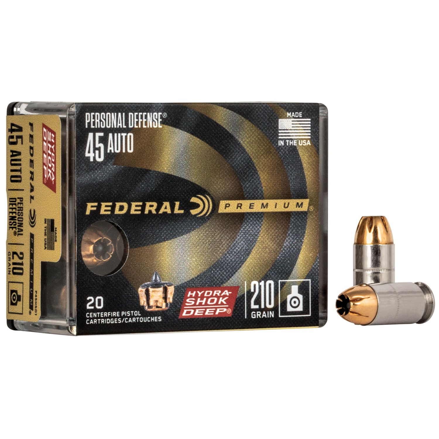 Federal Premium Personal Defense Pistol Ammunition P45HSD1, 45 ACP, Hydra-Shok Deep, 210 GR, 20 Rd/bx