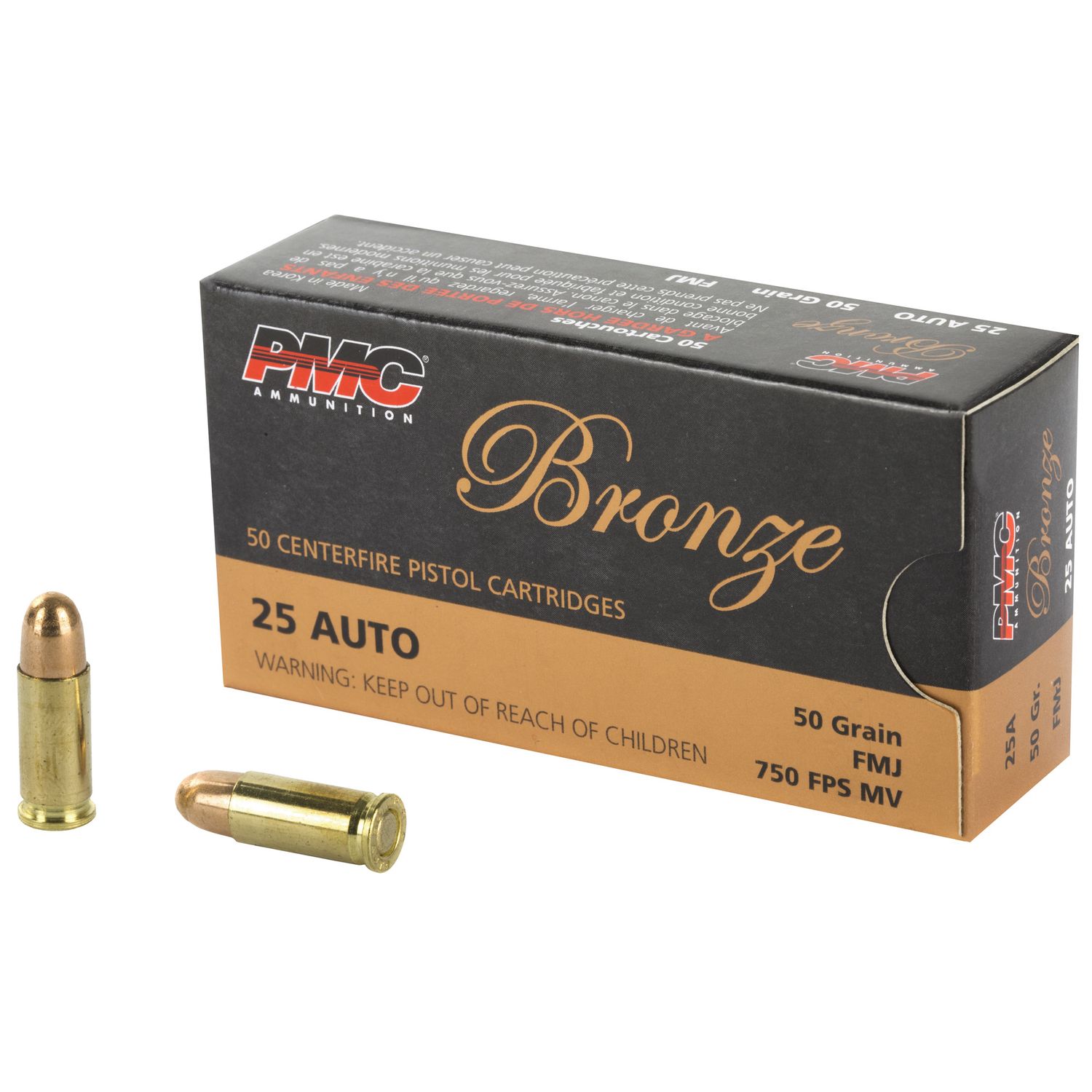 PMC Bronze Line Pistol Ammunition 25A, 25 ACP, Full Metal Jacket (FMJ), 50 GR, 750 fps, 50 Rd/bx