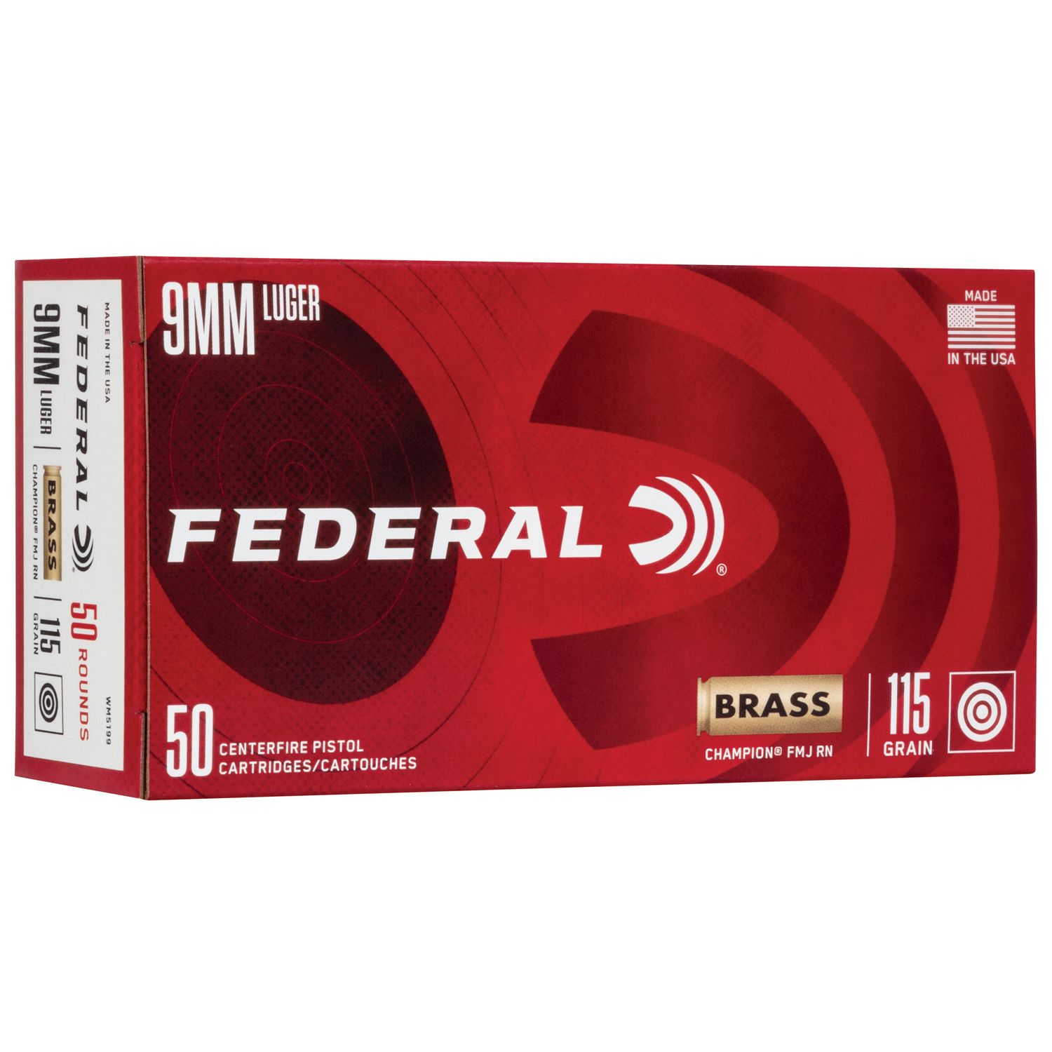 Federal Champion Pistol Ammunition WM5199, 9mm, Full Metal Jacket (FMJ), 115 GR, 1145 fps, 50 Rd/bx