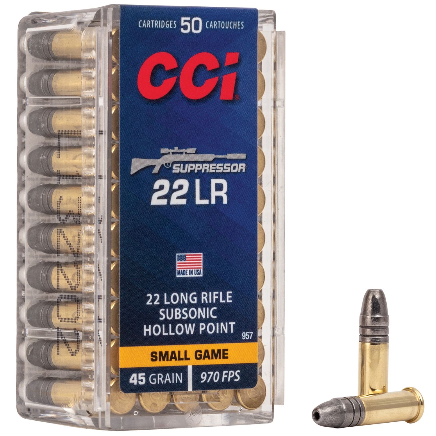 CCI Suppressor Rimfire Ammunition 957, 22 Long Rifle, SubSonic Hollow Point, 45 GR, 970 fps, 50 Rds/Bx