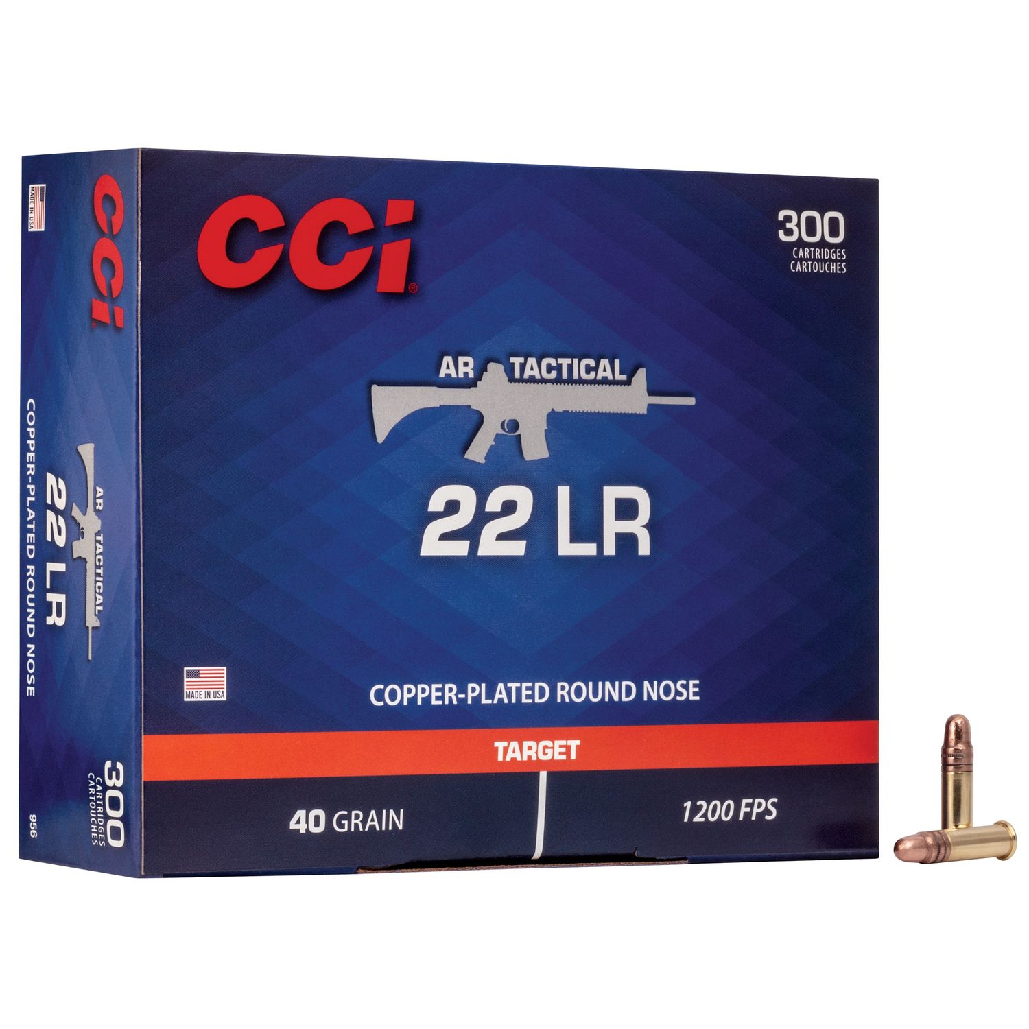 CCI AR Tactical Rimfire Ammunition 956, 22 Long Rifle, Copper Plated Round Nose (RN), 40 GR, 1200 fps, 300 Rd/bx