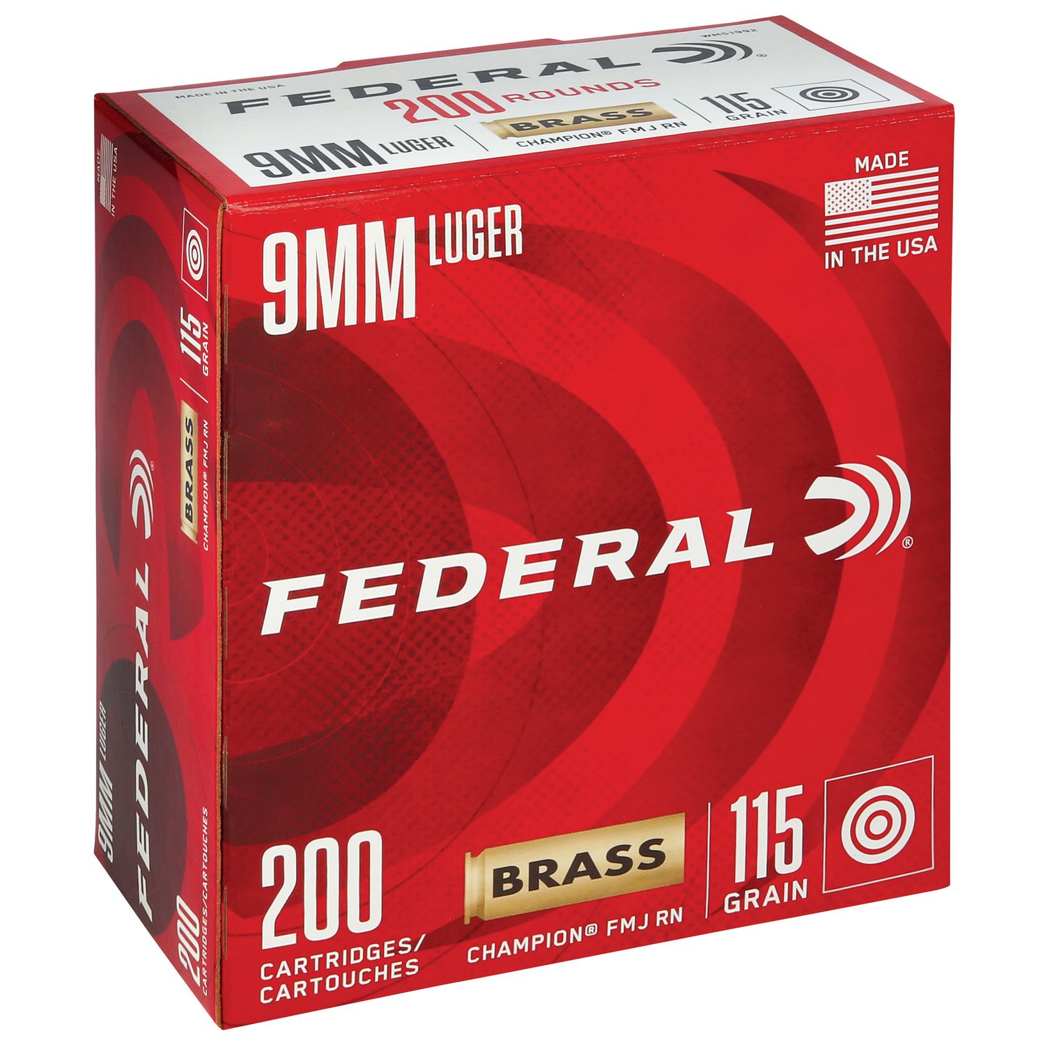 Federal Champion Pistol Ammunition WM51992, 9mm, Full Metal Jacket (FMJ), 115 GR, 1125 fps, 200 Rd/bx