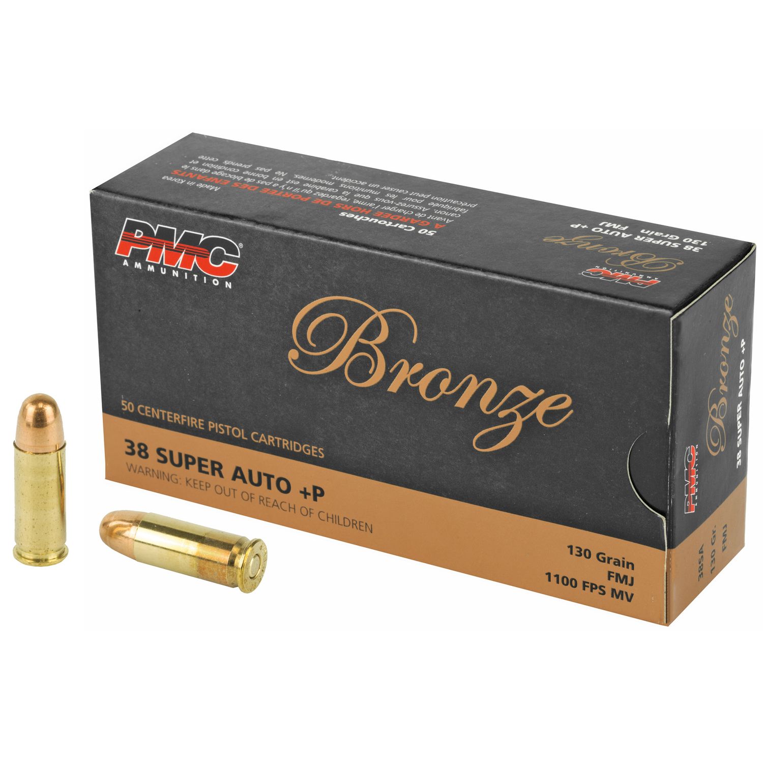 PMC Bronze Line Handgun Ammunition 38SA, 38 Super Auto +P, Full Metal Jacket (FMJ), 130 GR, 1090 fps, 50 Rd/bx