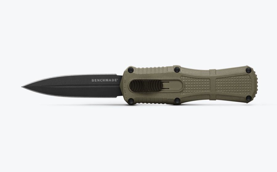 Benchmade Mini Claymore Out the Front Automatic Knife w/Smoke Gray Double Edge Dagger Blade, Tan Grivory Handle (3375GY-1)