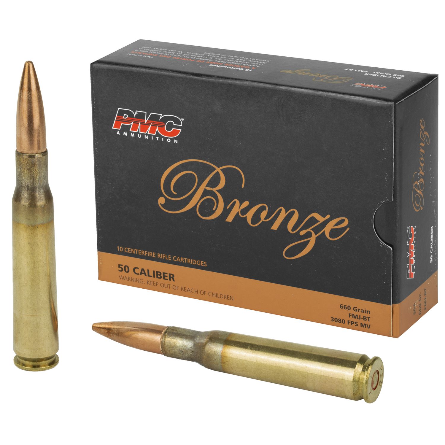 PMC Bronze Line Rifle Ammunition 50A, 50 BMG, Full Metal Jacket Boat-Tail, 660 GR, 10 Rd/bx