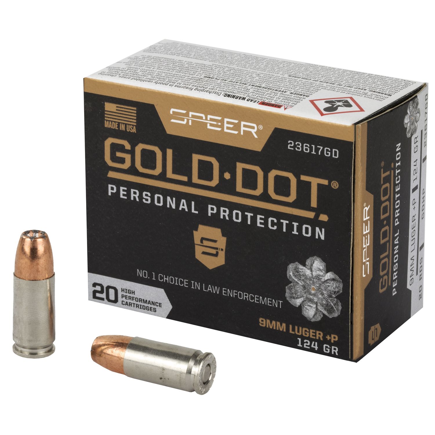 Speer Gold Dot Personal Protection Handgun Ammunition 23617GD, 9MM+P, Gold Dot HP,  124 GR, 1220 fps, 20 Rd/bx