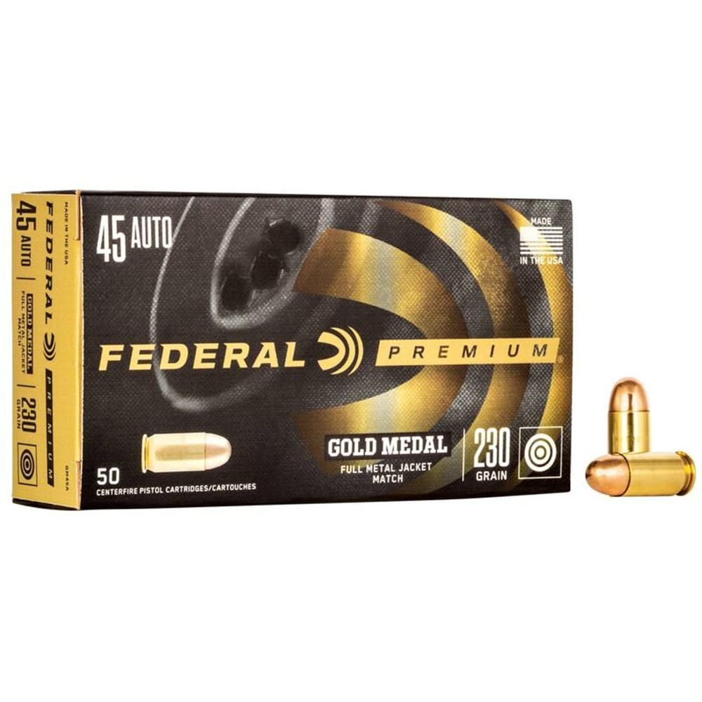 Federal Premium Gold Medal Pistol Ammunition GM45A, 45 ACP, Full Metal Jacket (FMJ), 230 GR, 860 fps, 50 Rd/bx
