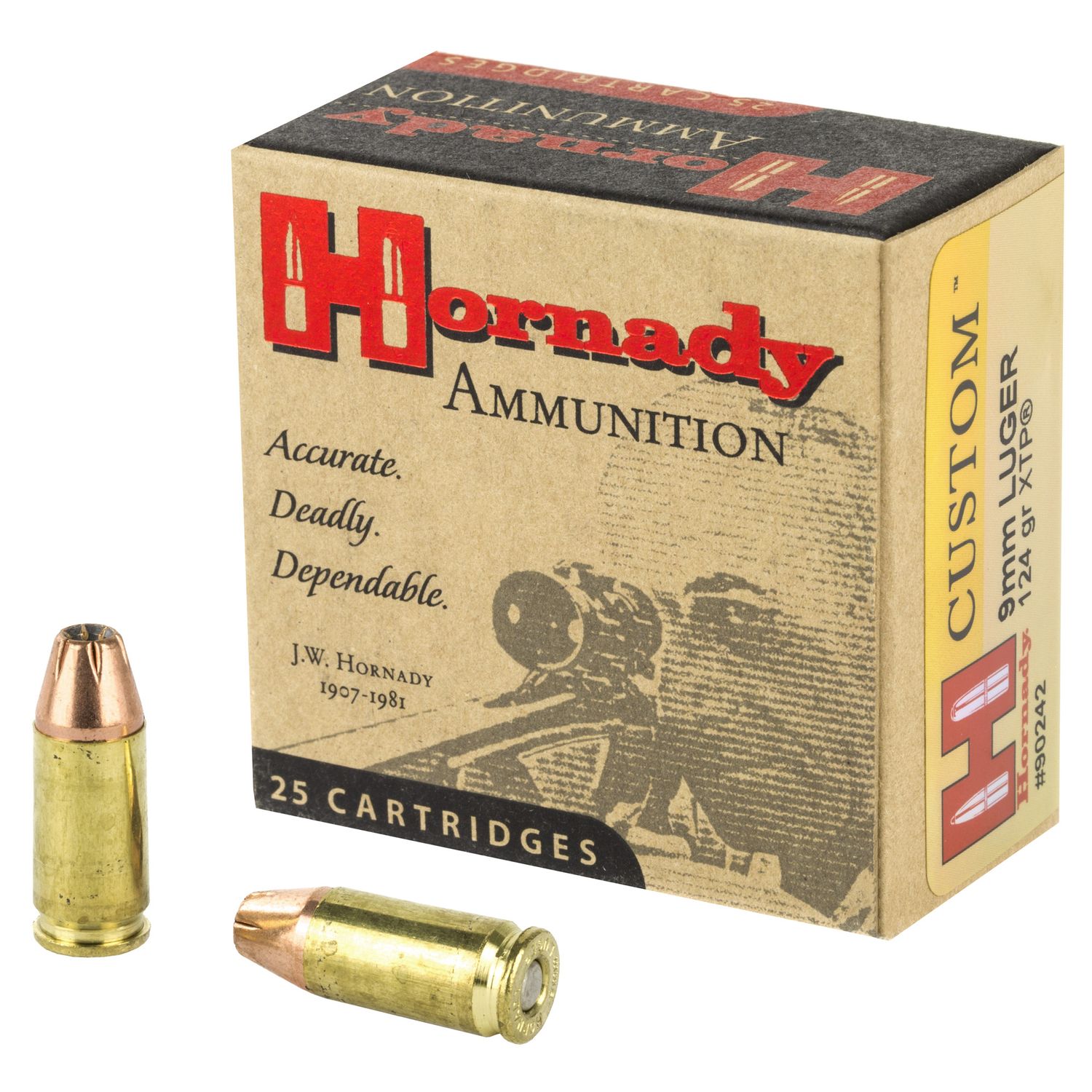 Hornady Custom Handgun Ammunition 90242, 9mm, XTP Jacketed Hollow Point (HP), 124 GR, 1110 fps, 25 Rd/bx