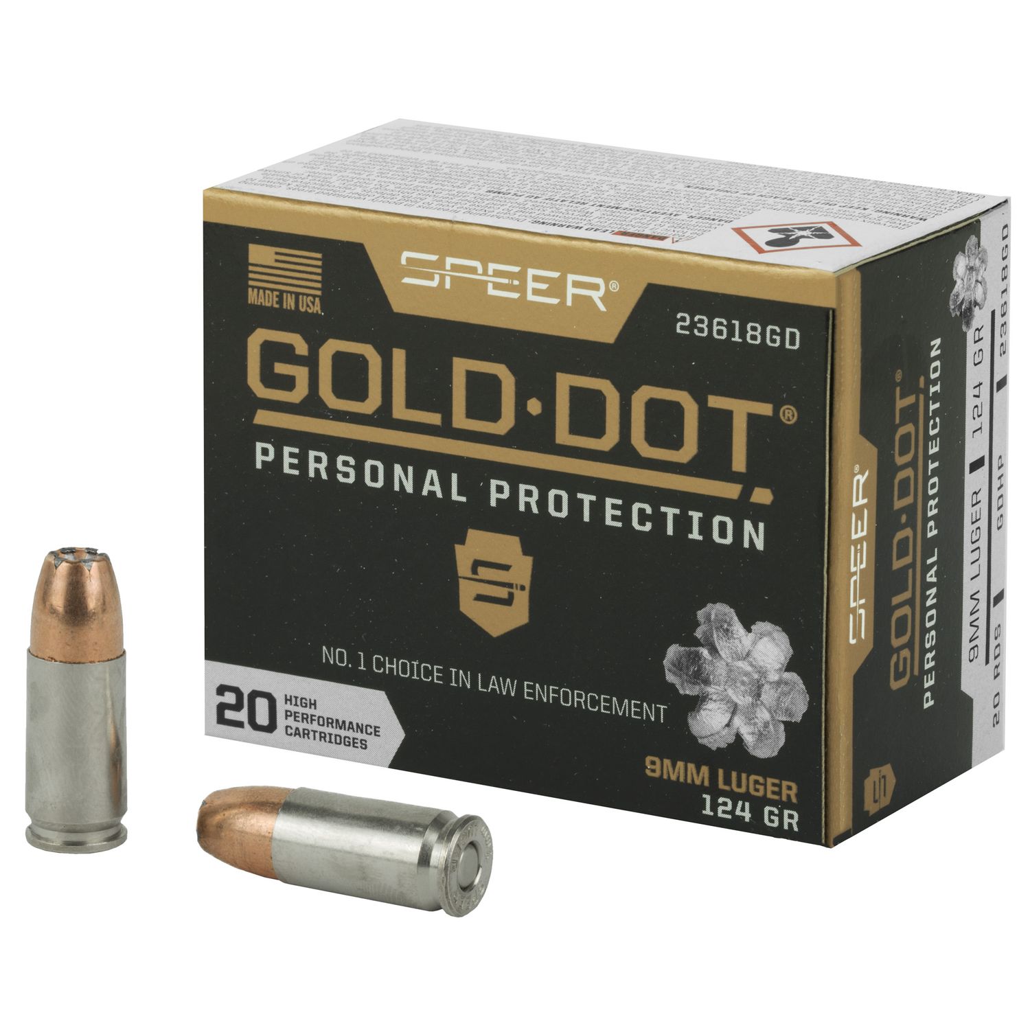 Speer Gold Dot Personal Protection Handgun Ammunition 23618GD, 9MM, Gold Dot HP, 124 GR, 1150 fps, 20 Rd/bx